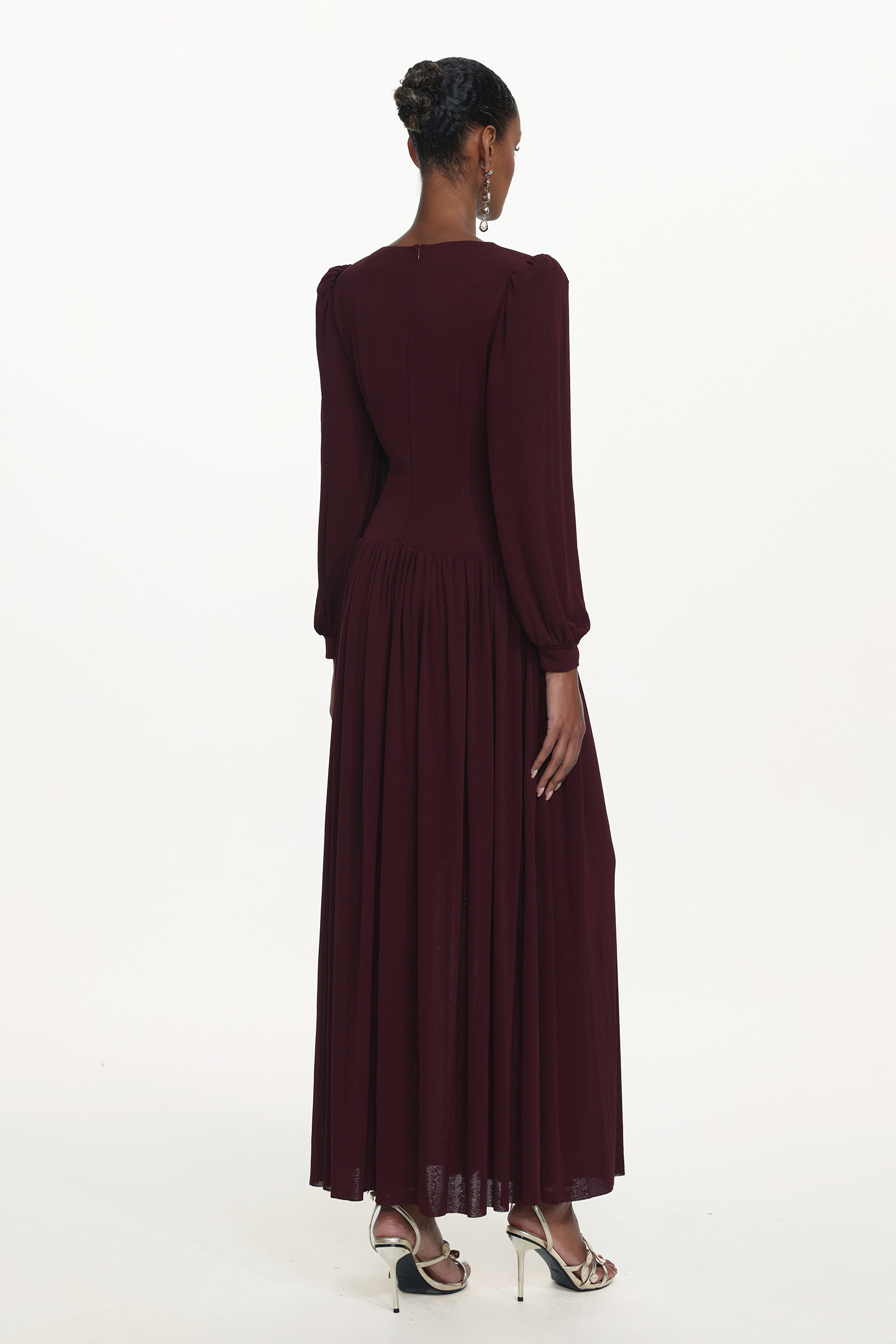 Liaco Elegant Contour V Neck Long Sleeve Ruched Lace Knit Wine Maxi Dress