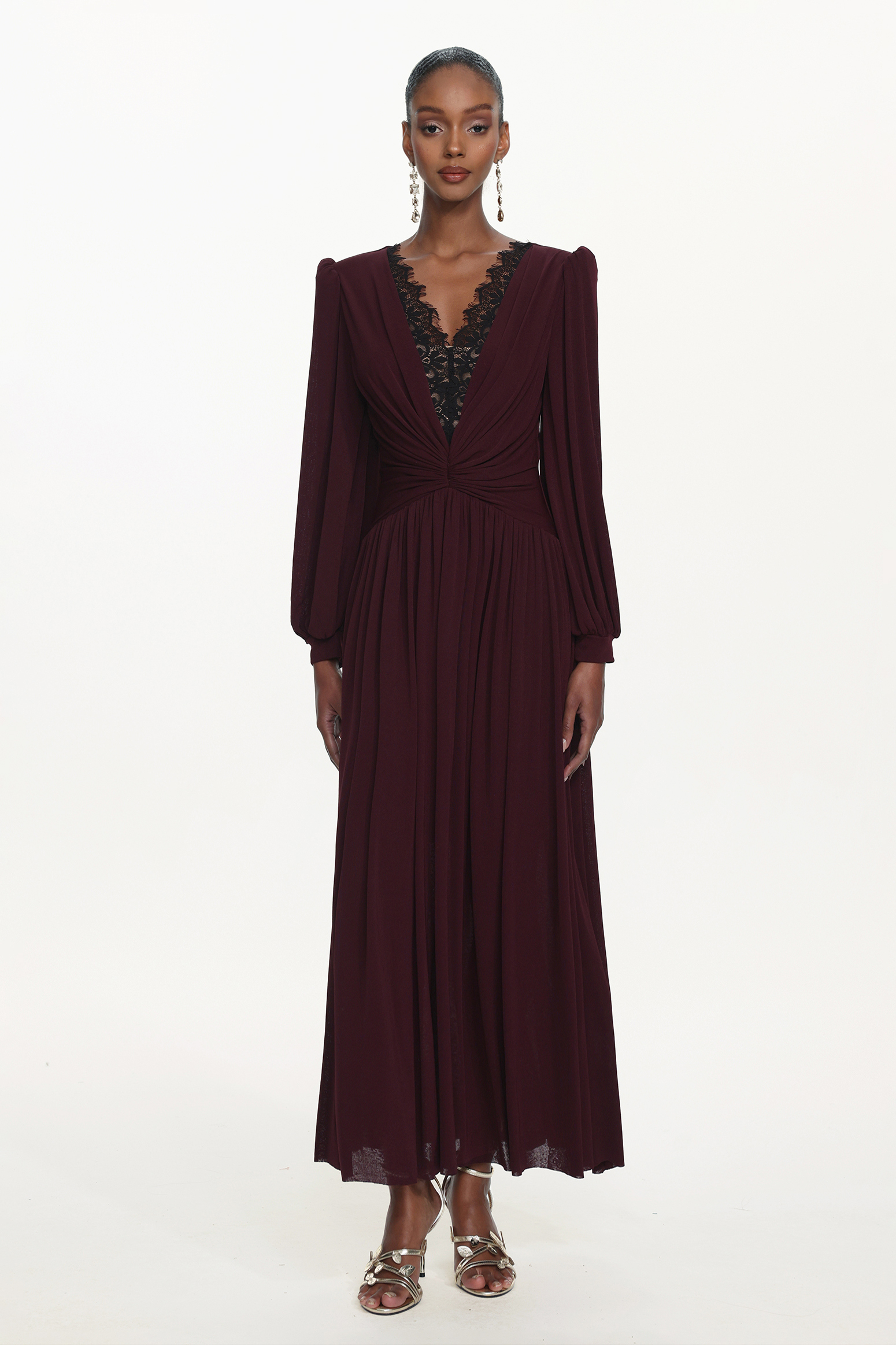 Liaco Elegant Contour V Neck Long Sleeve Ruched Lace Knit Wine Maxi Dress