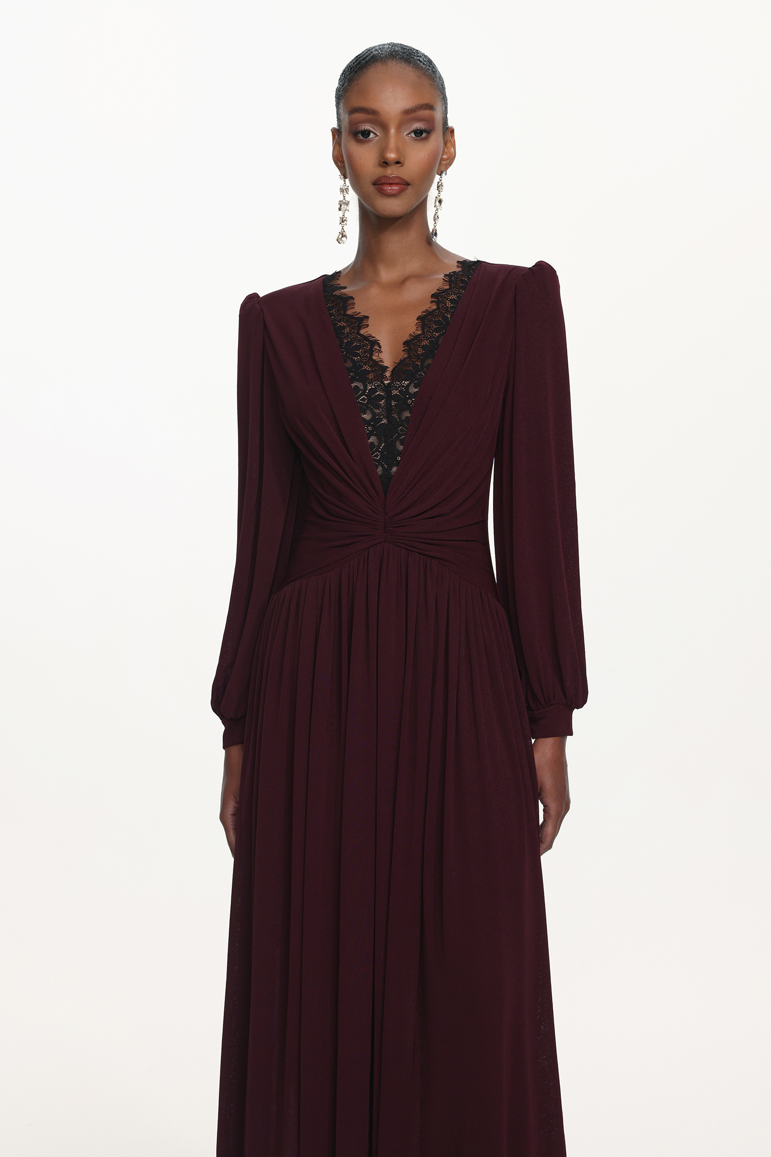 Liaco Elegant Contour V Neck Long Sleeve Ruched Lace Knit Wine Maxi Dress