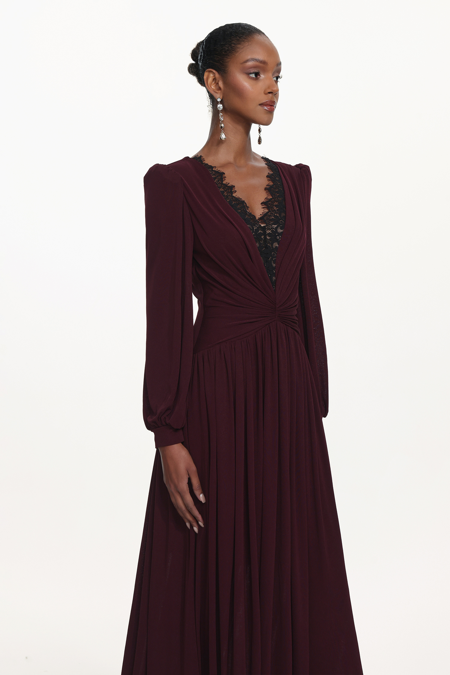 Liaco Elegant Contour V Neck Long Sleeve Ruched Lace Knit Wine Maxi Dress