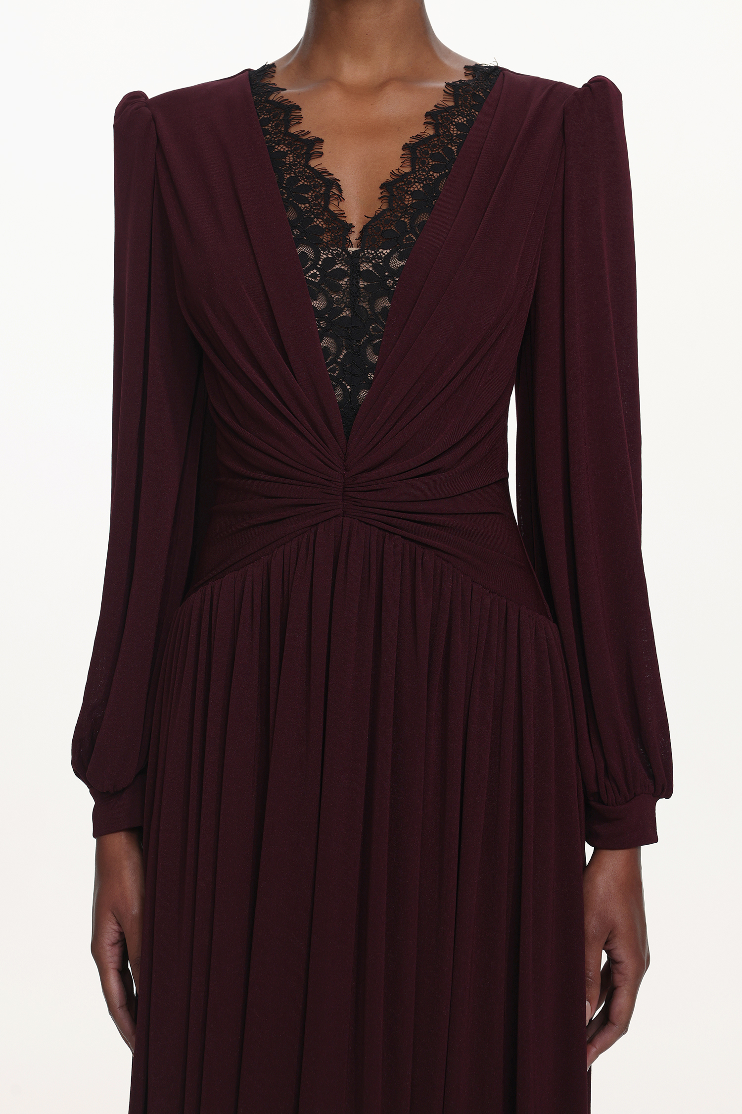 Liaco Elegant Contour V Neck Long Sleeve Ruched Lace Knit Wine Maxi Dress