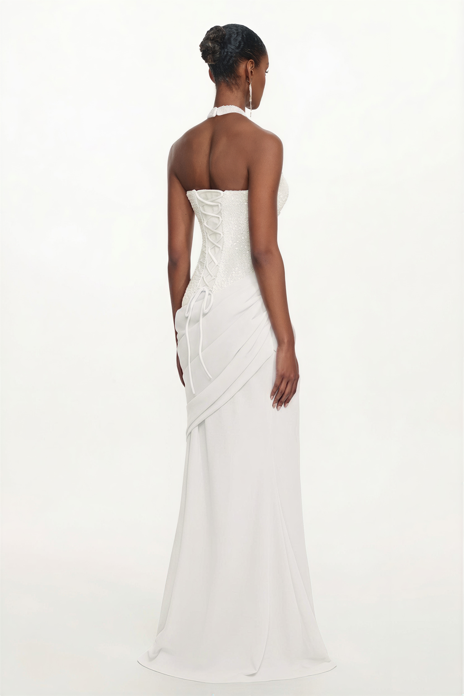 Theodora Chic Contour V Neck Halter Ruched Sequin White Maxi Dress