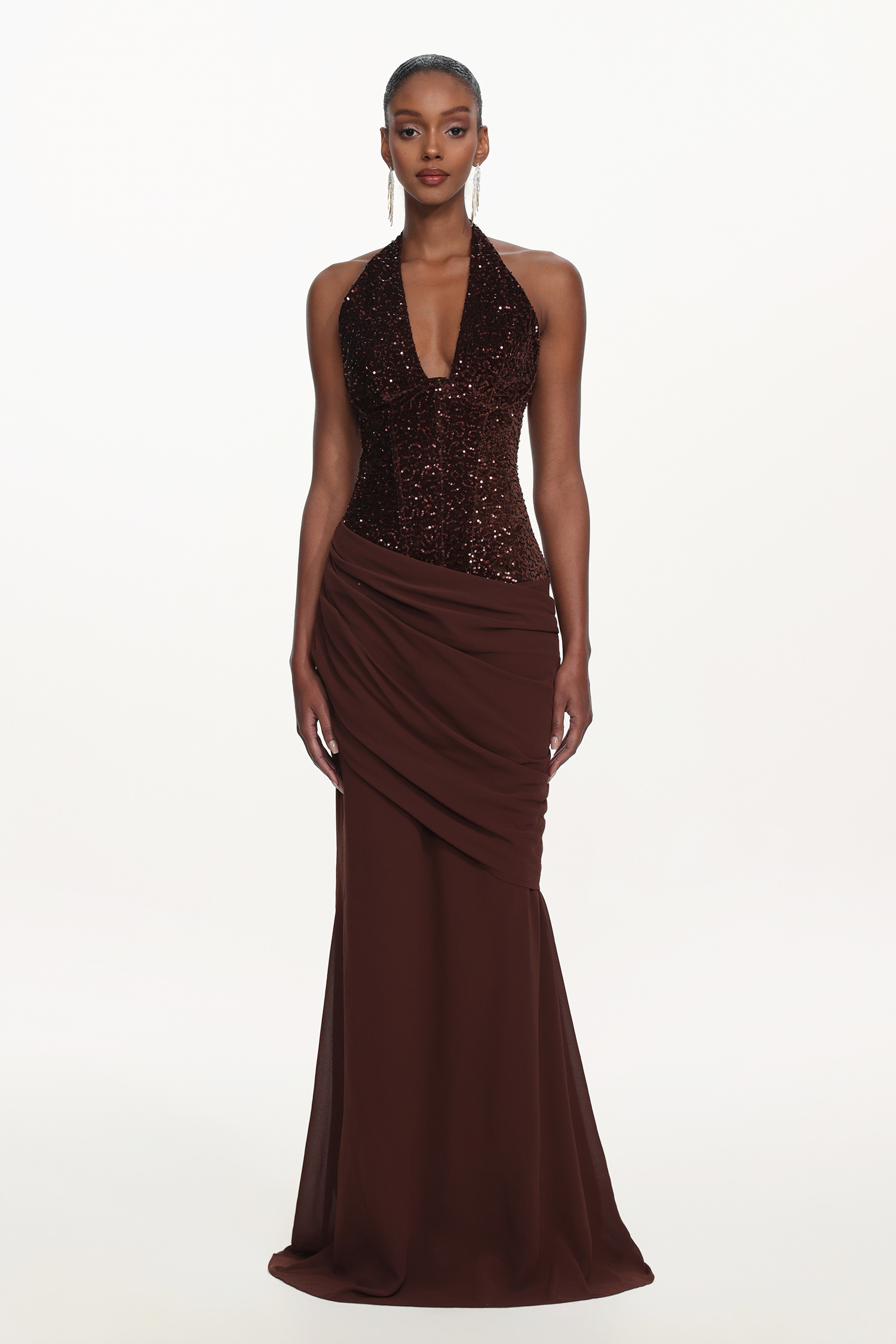 Theodora Chic Contour V Neck Halter Ruched Sequin Maxi Dress