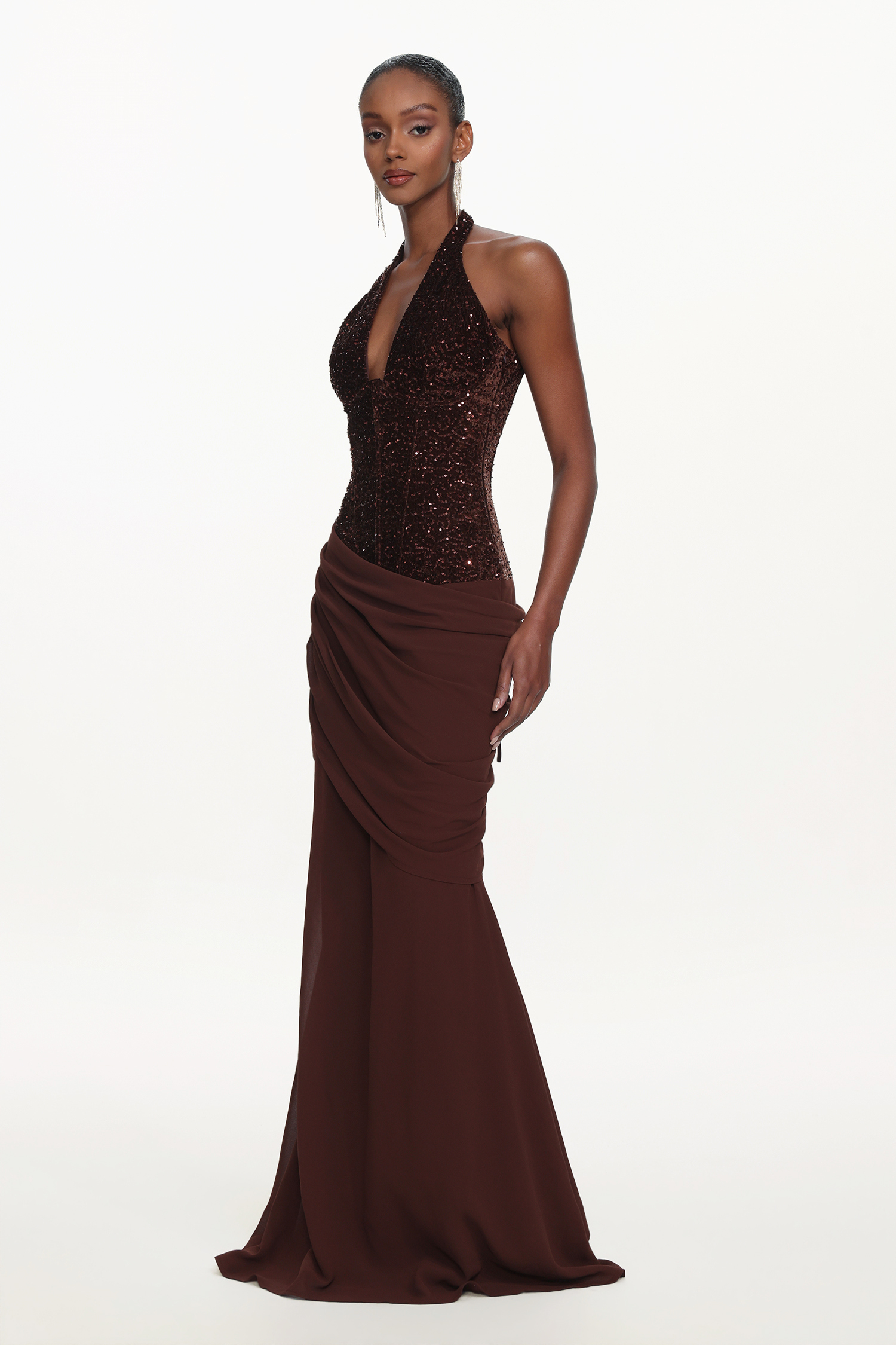 Theodora Chic Contour V Neck Halter Ruched Sequin Maxi Dress