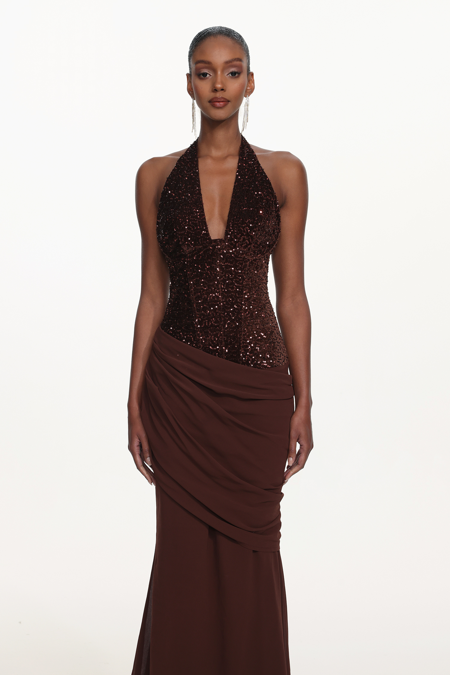 Theodora Chic Contour V Neck Halter Ruched Sequin Maxi Dress