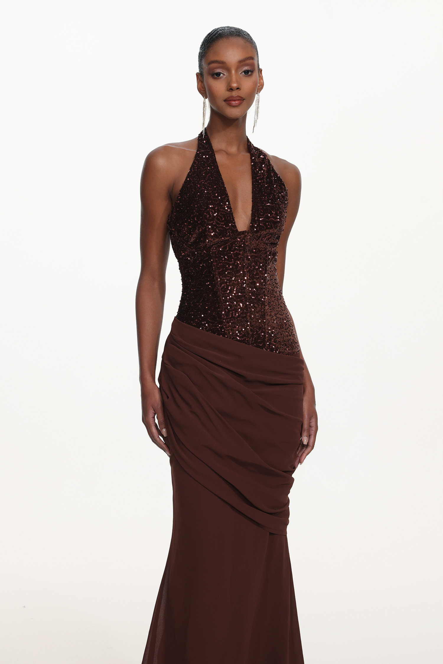 Theodora Chic Contour V Neck Halter Ruched Sequin Maxi Dress