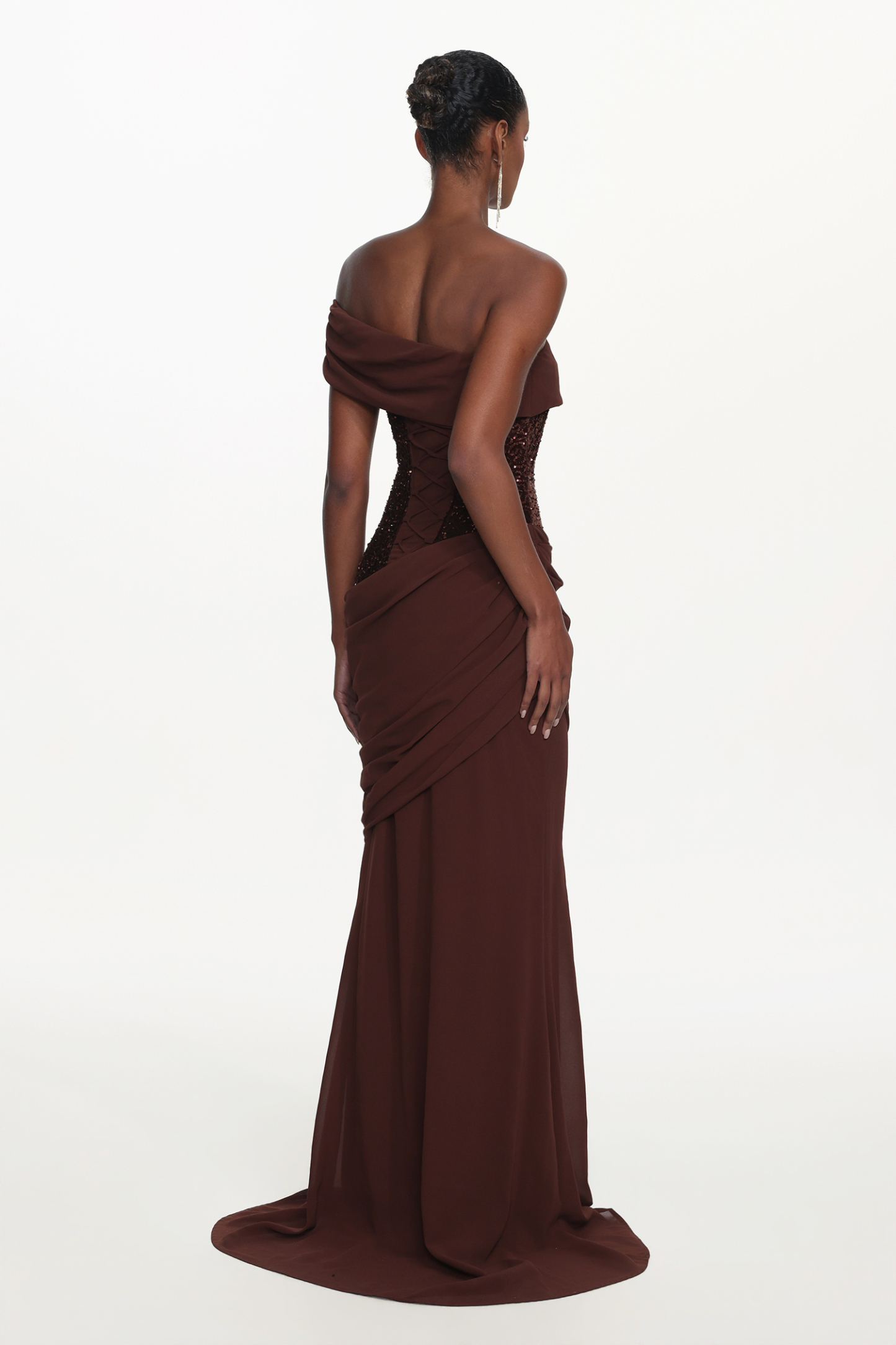 Naleza Chic Contour Off Shoulder Asymmetric Ruched Sequin Maxi Dress