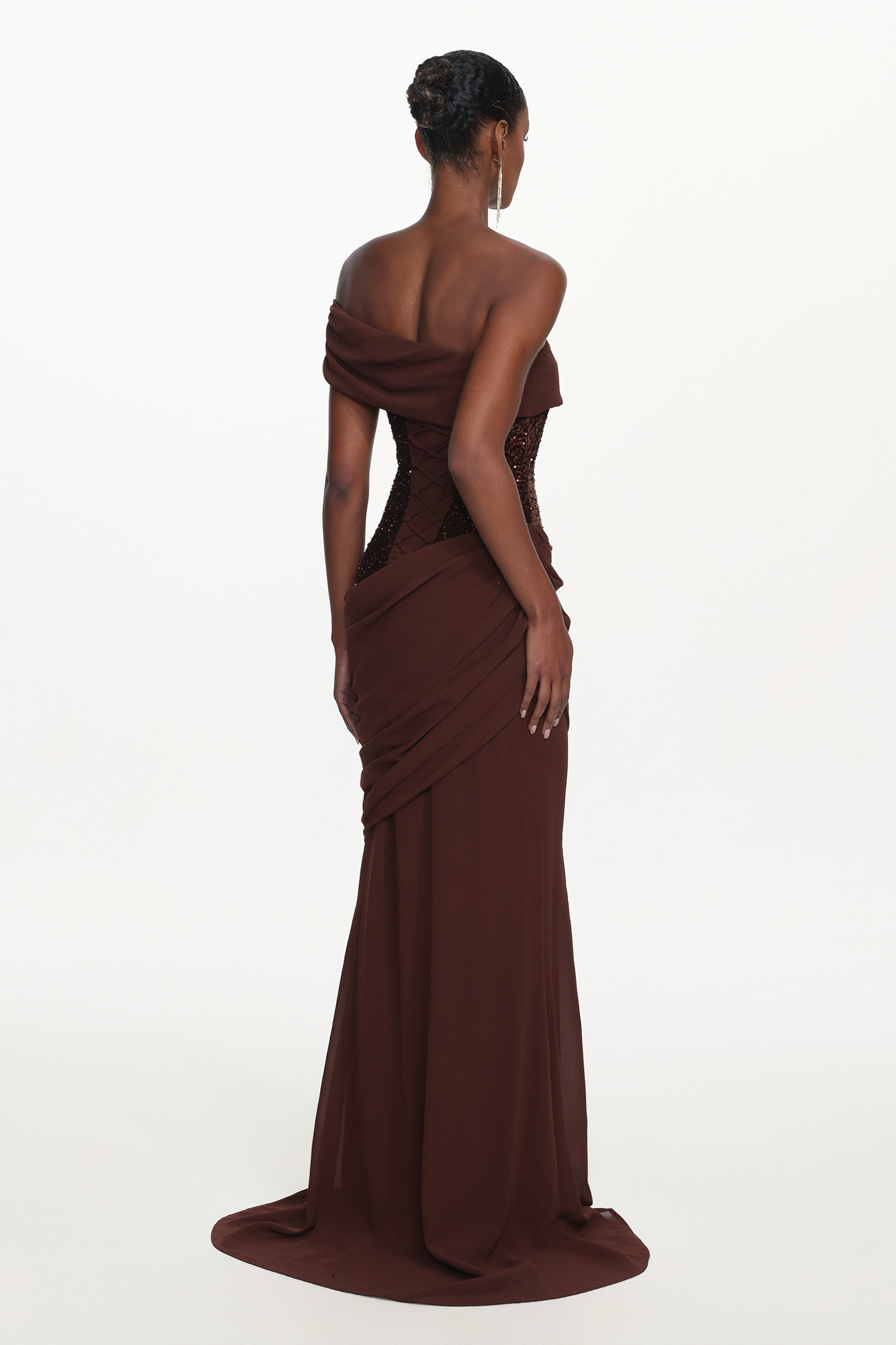 Naleza Chic Contour Off Shoulder Asymmetric Ruched Sequin Maxi Dress