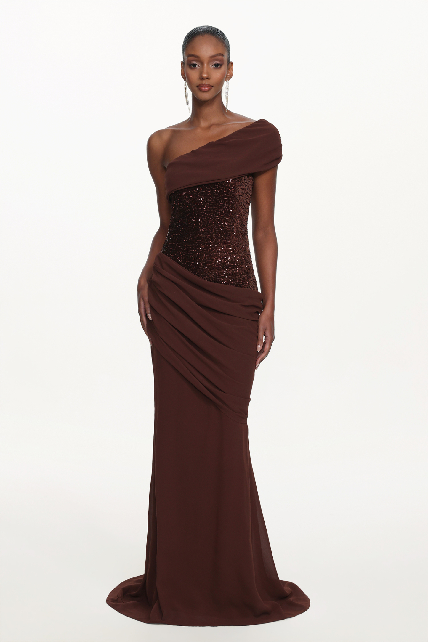 Naleza Chic Contour Off Shoulder Asymmetric Ruched Sequin Maxi