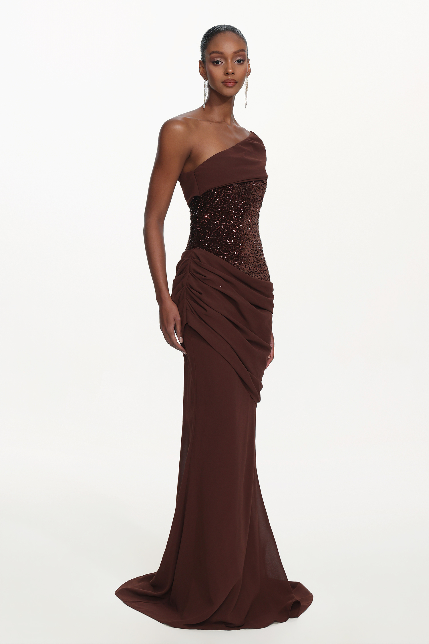 Kylie ドレス Naleza Chic Contour Off Shoulder Asymmetric Ruched Sequin Maxi