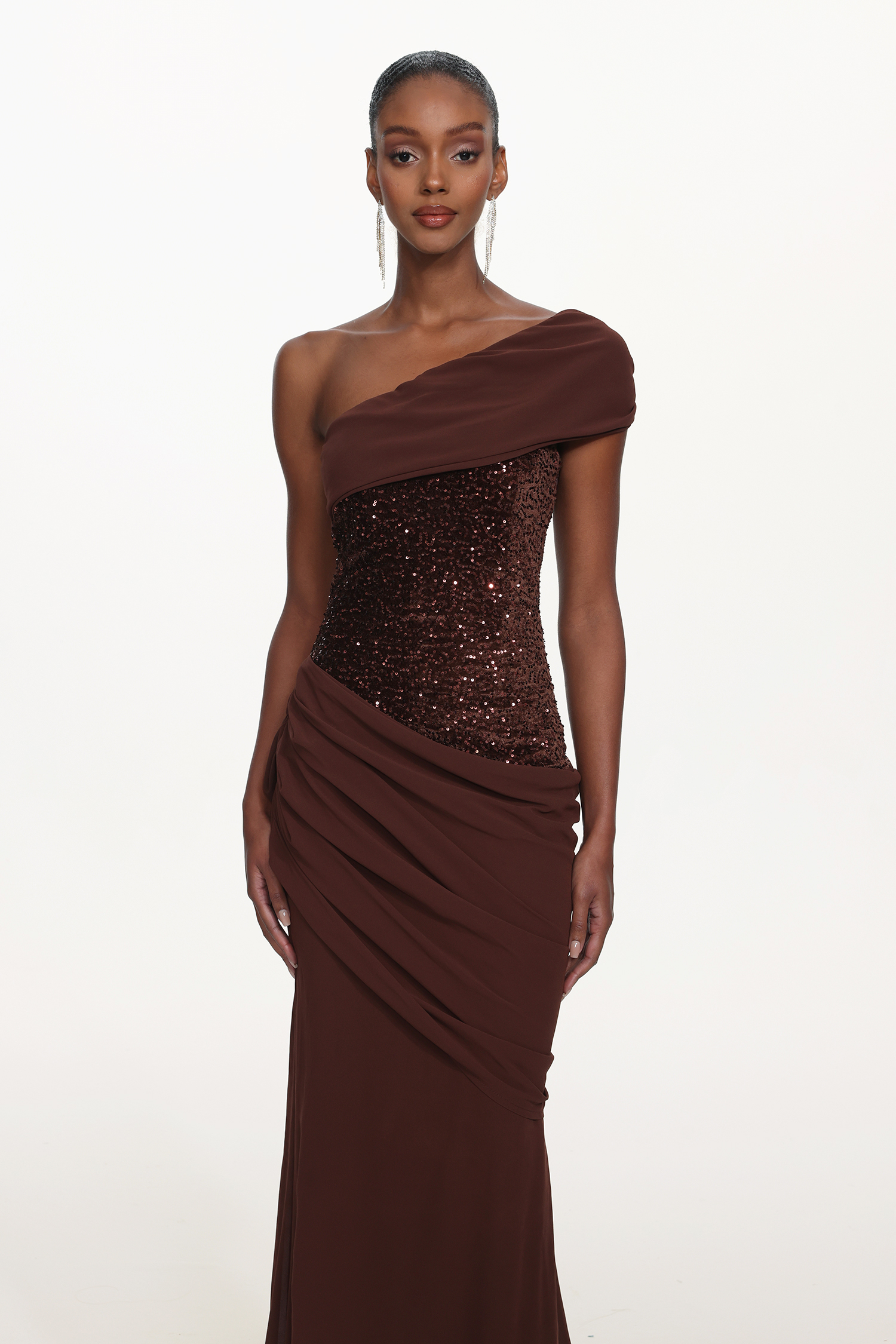 Naleza Chic Contour Off Shoulder Asymmetric Ruched Sequin Maxi Dress