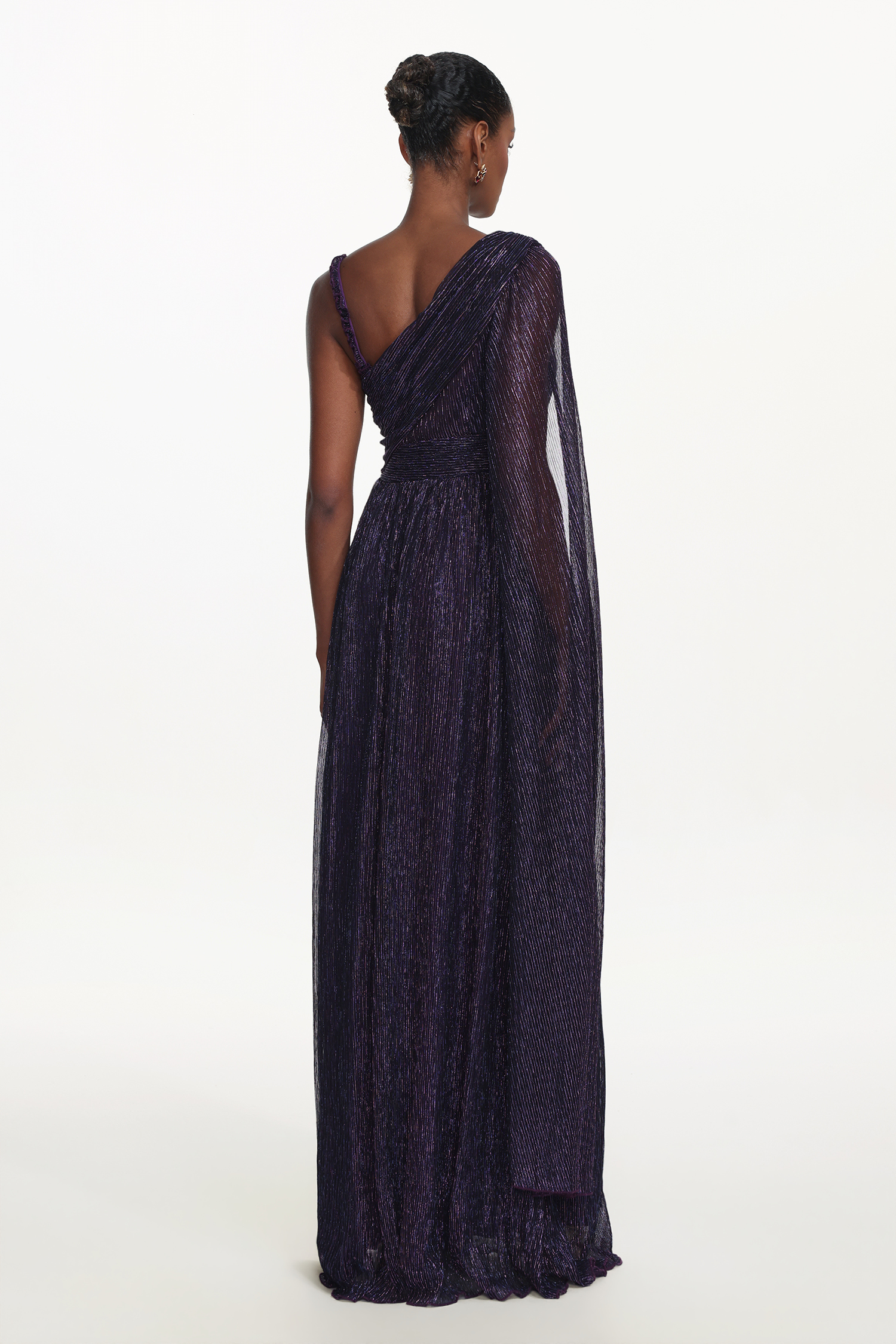 Rimo Elegant Flowy One Shoulder Ruched Metallic Voile Maxi Dress