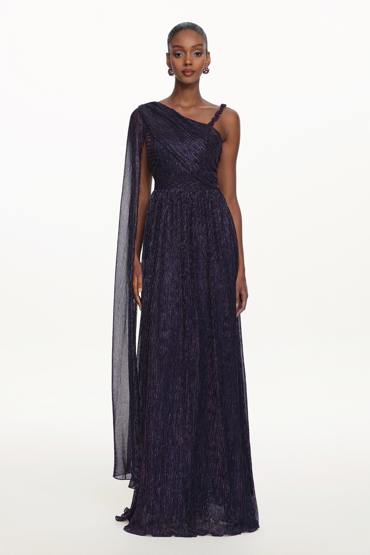 Rimo Elegant Flowy One Shoulder Ruched Metallic Voile Maxi Dress