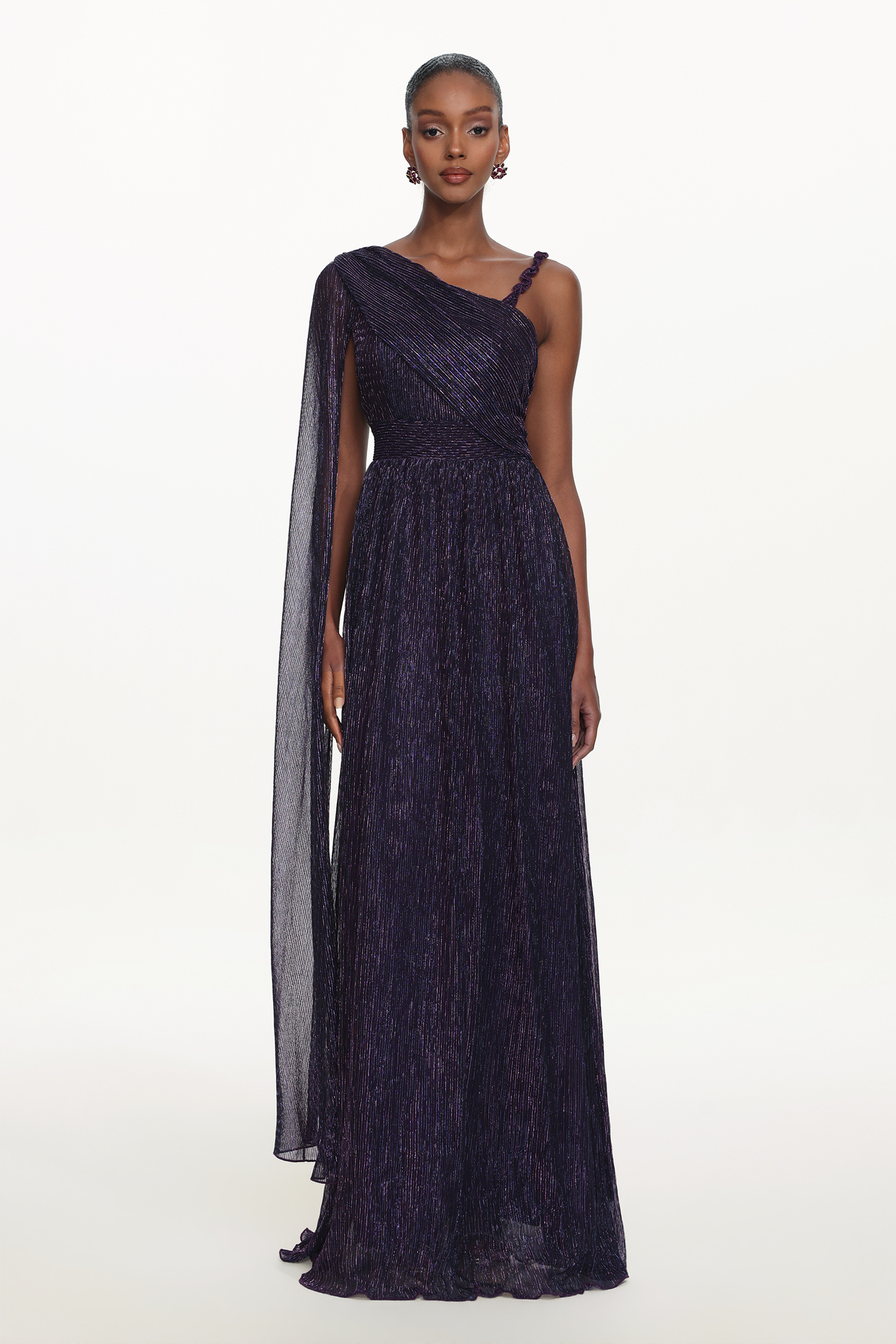 Rimo Elegant Flowy One Shoulder Ruched Metallic Voile Maxi Dress