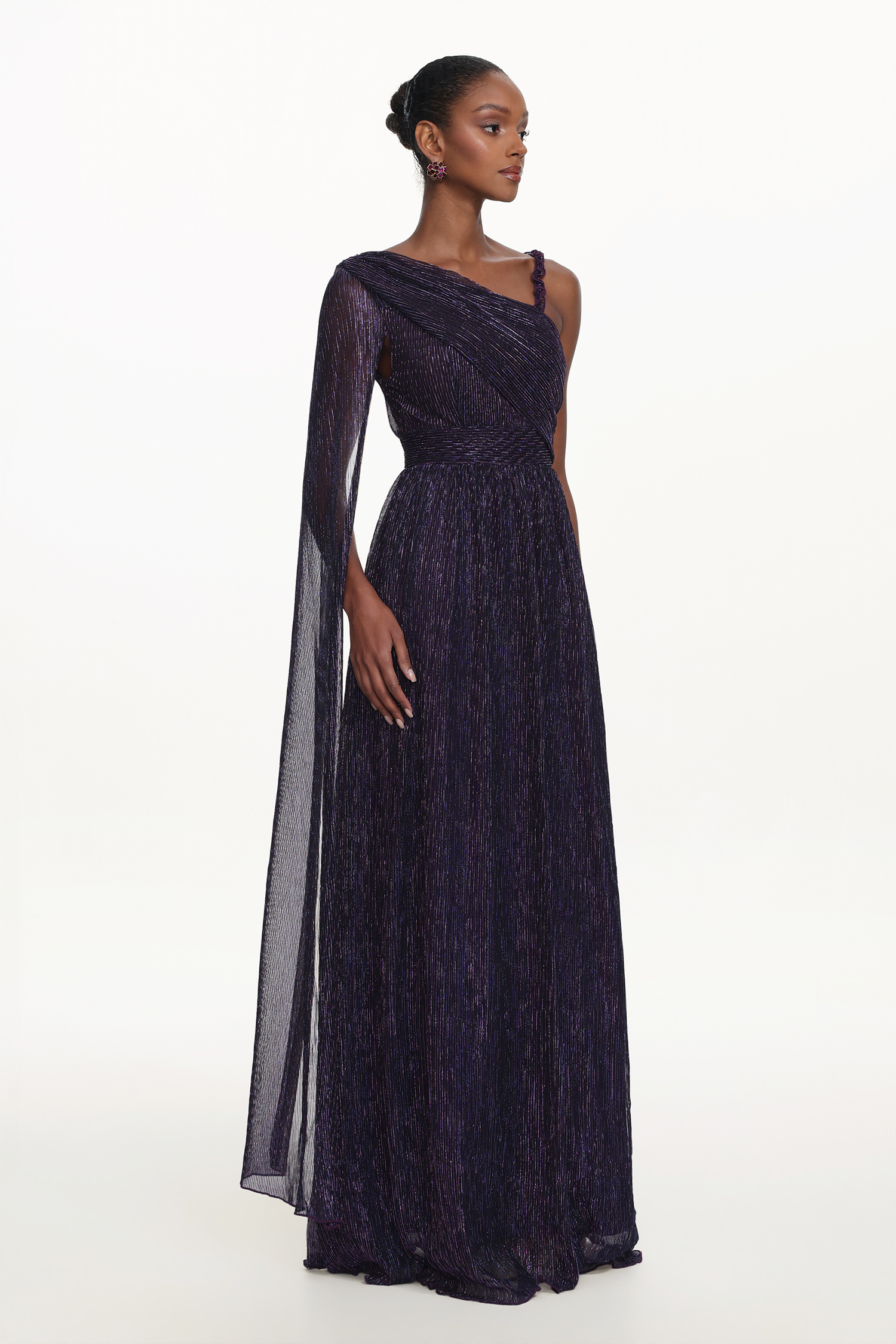 Rimo Elegant Flowy One Shoulder Ruched Metallic Voile Maxi Dress