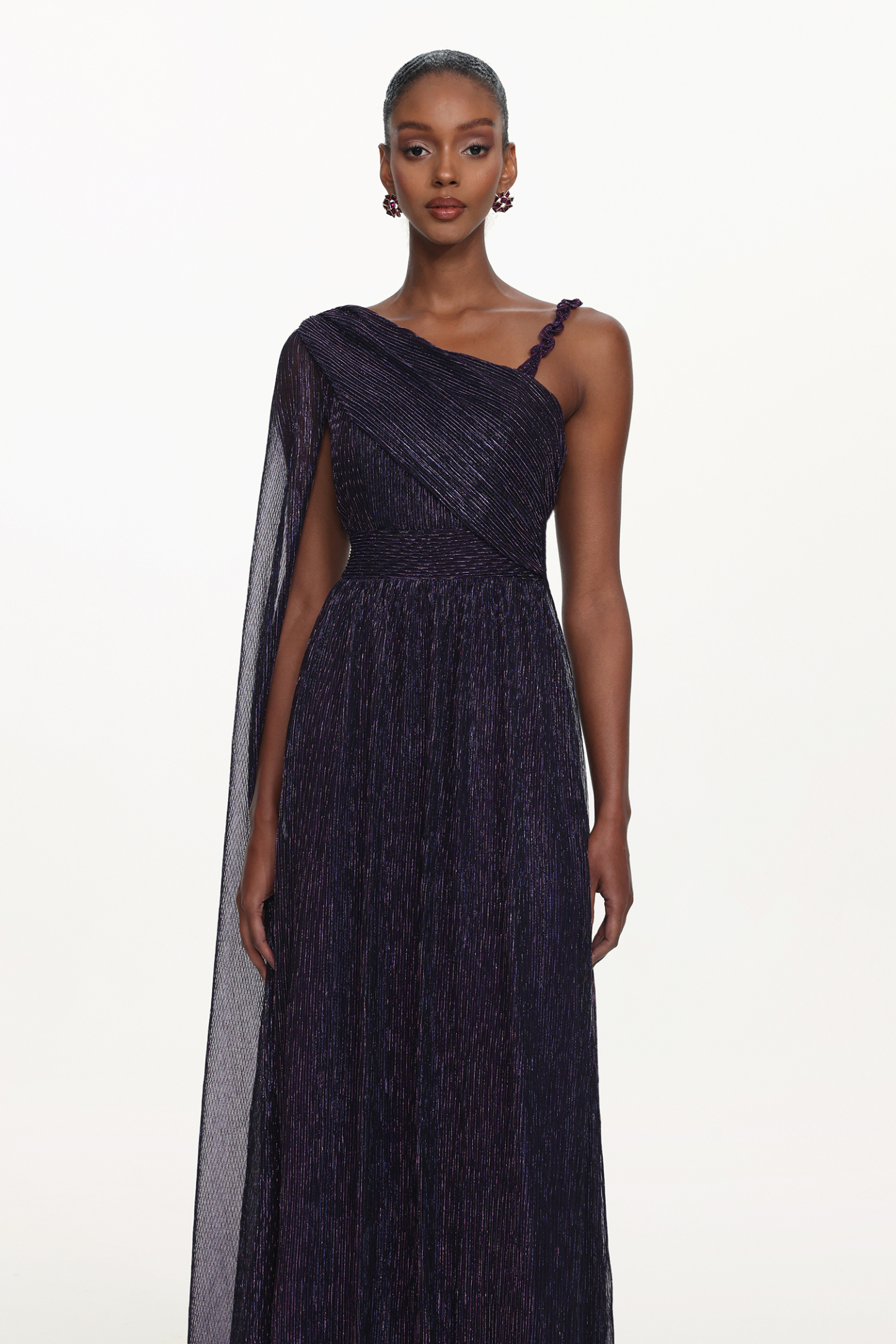 Rimo Elegant Flowy One Shoulder Ruched Metallic Voile Maxi Dress