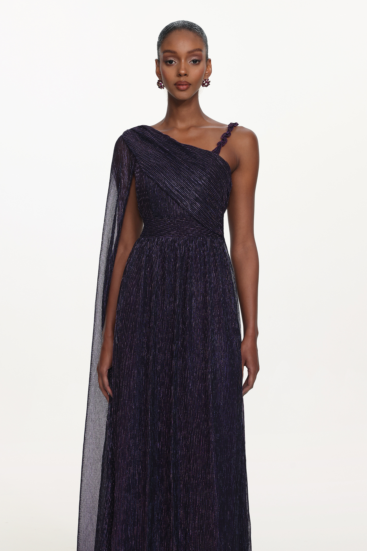 Rimo Elegant Flowy One Shoulder Ruched Metallic Voile Maxi Dress