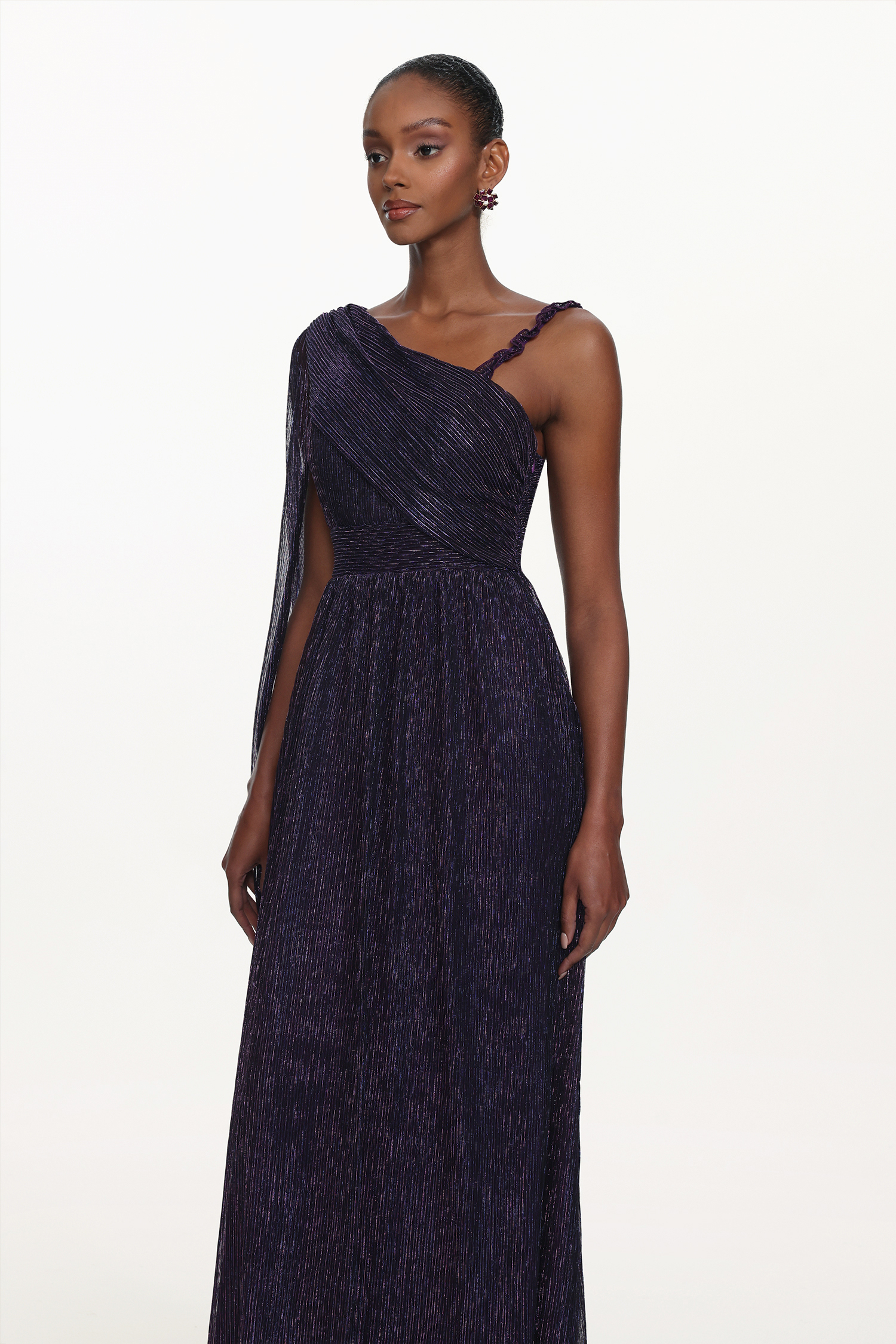 Rimo Elegant Flowy One Shoulder Ruched Metallic Voile Maxi Dress