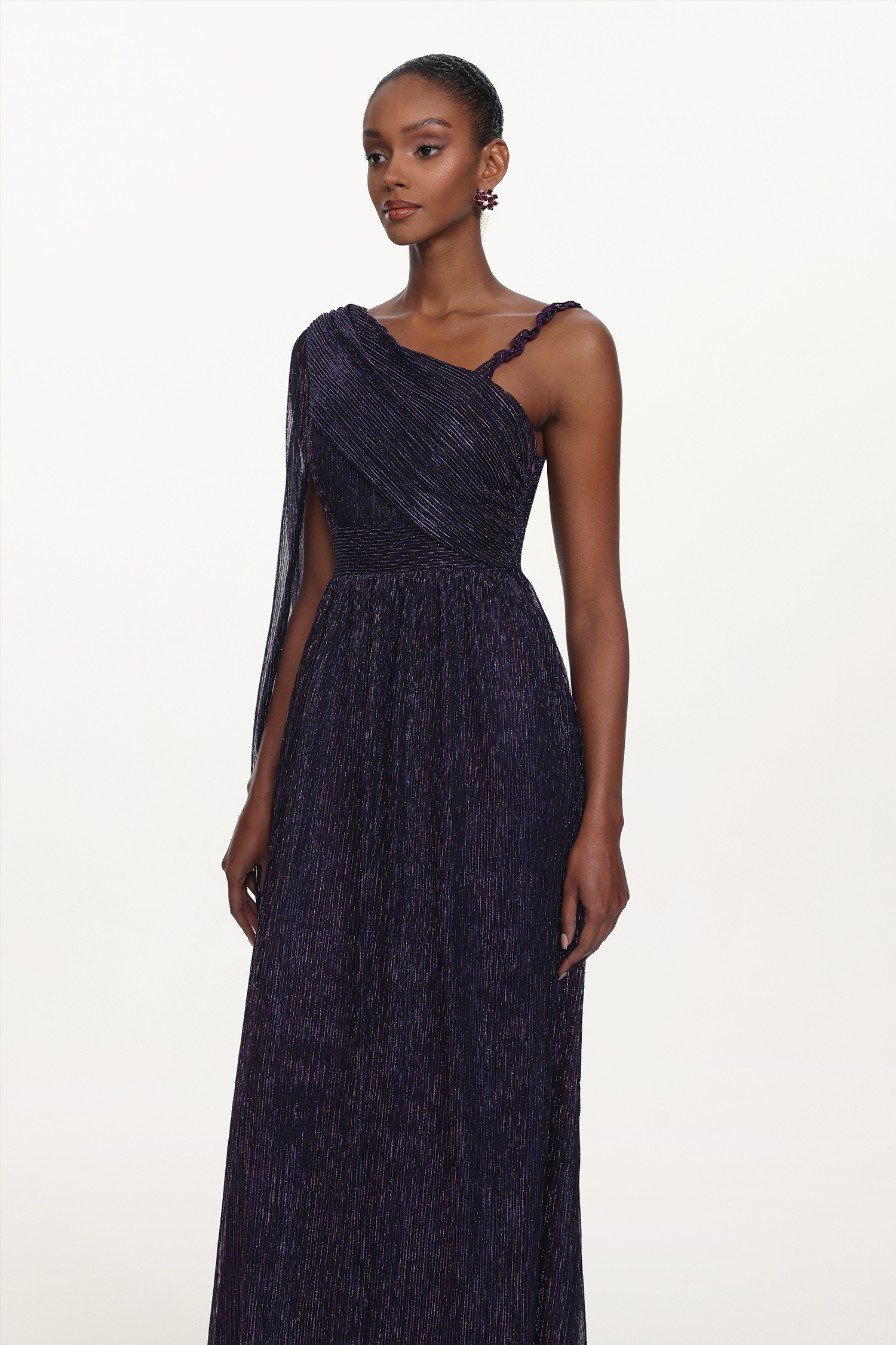 Rimo Elegant Flowy One Shoulder Ruched Metallic Voile Maxi Dress