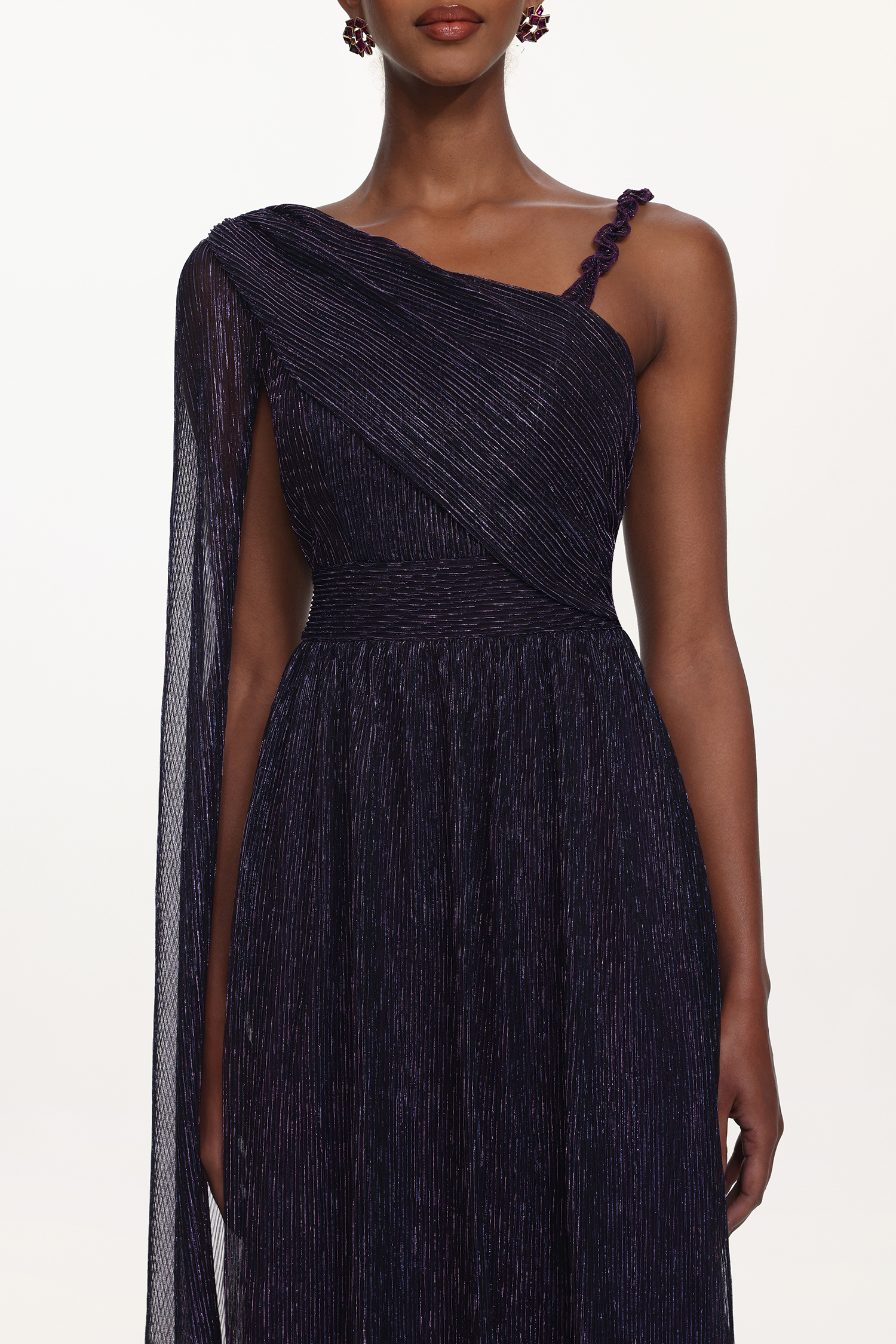 Rimo Elegant Flowy One Shoulder Ruched Metallic Voile Maxi Dress