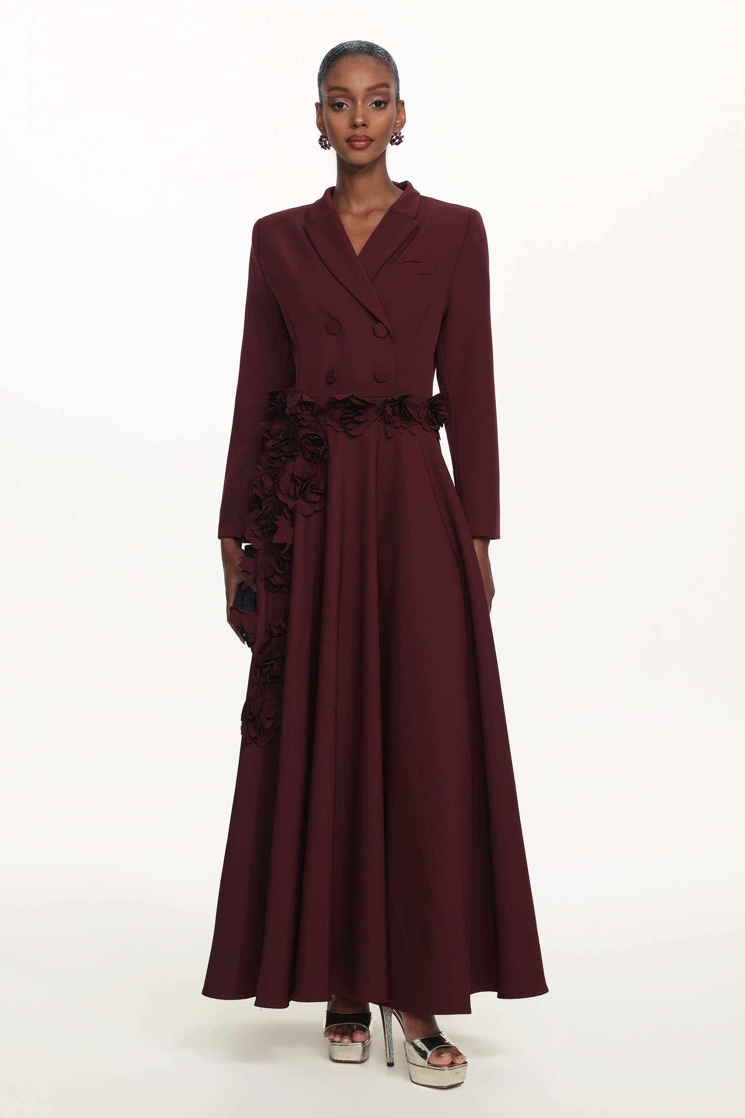 Hester Elegant Tailored Long Sleeve Double Breasted Floral Woven Maxi Dress