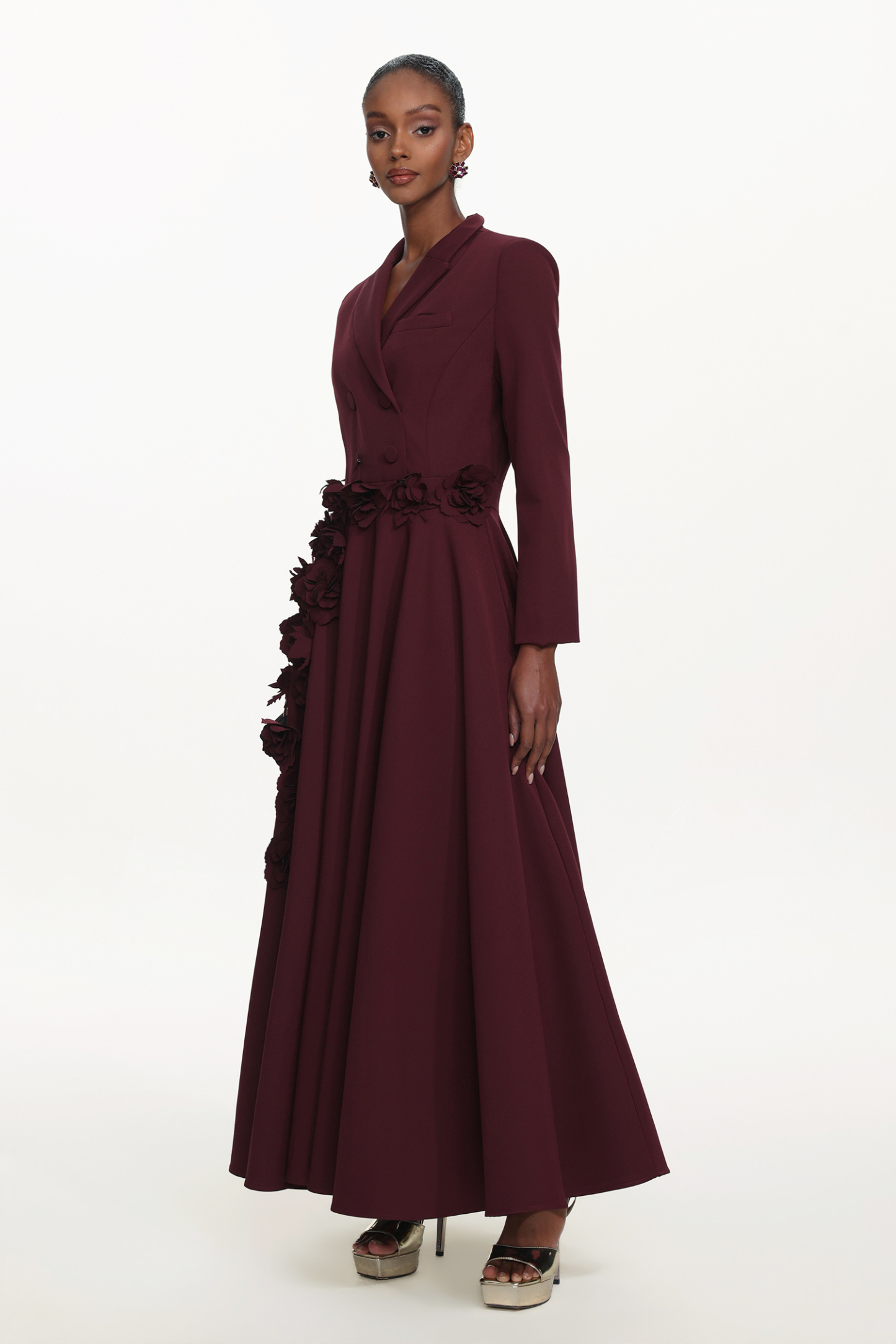 Hester Elegant Tailored Long Sleeve Double Breasted Floral Woven Maxi Dress