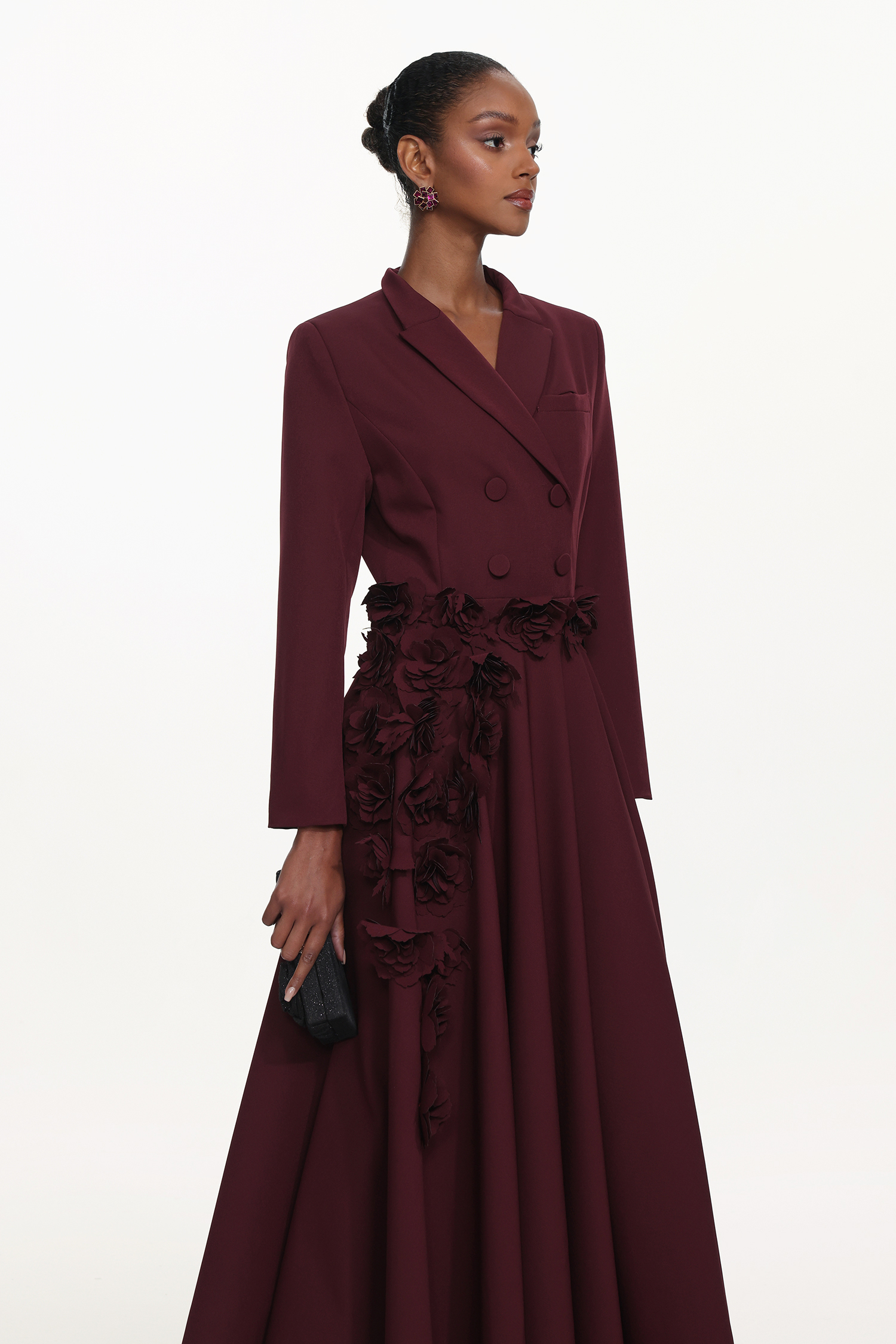 Hester Elegant Tailored Long Sleeve Double Breasted Floral Woven Maxi Dress