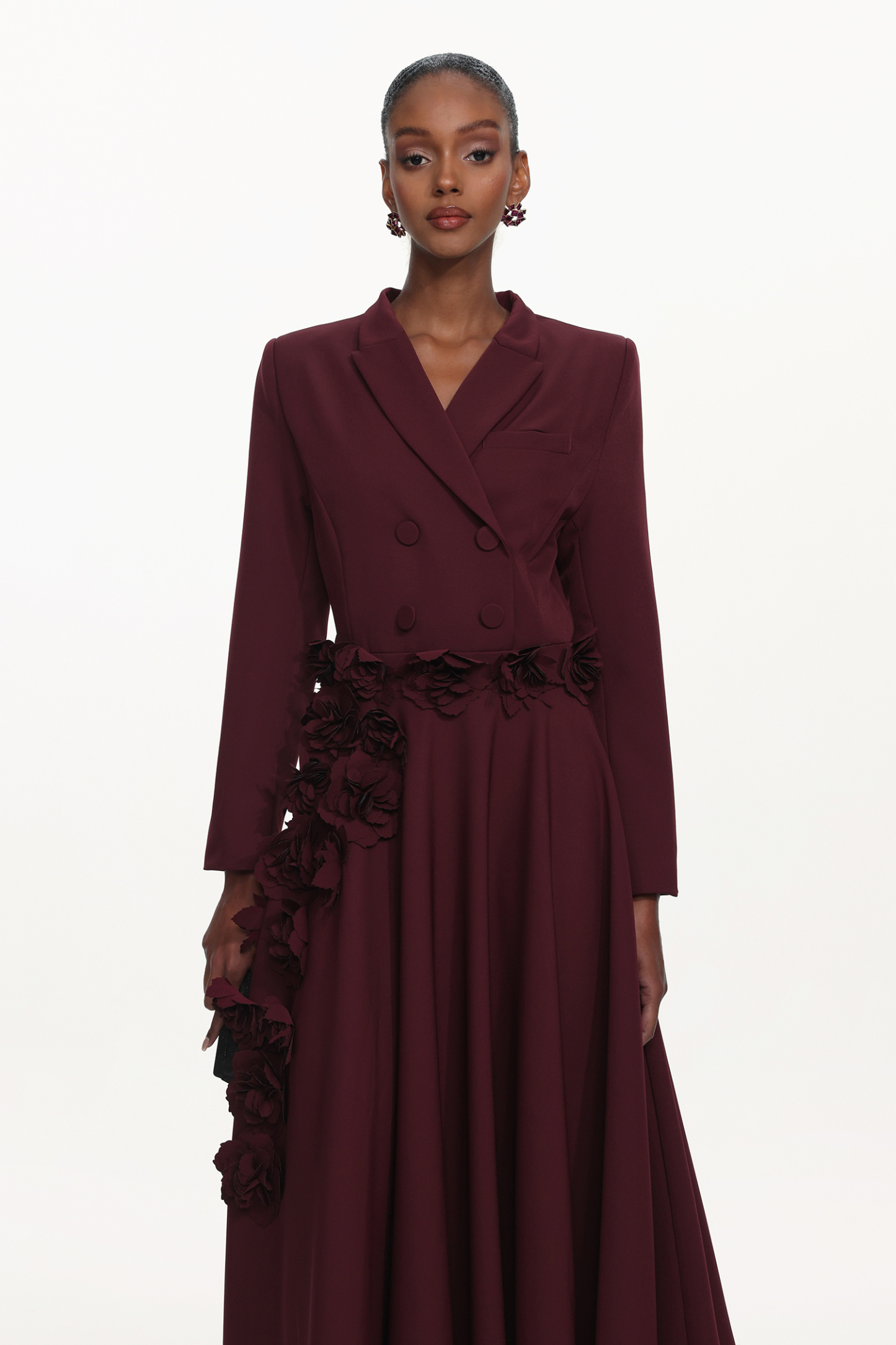 Hester Elegant Tailored Long Sleeve Double Breasted Floral Woven Maxi Dress