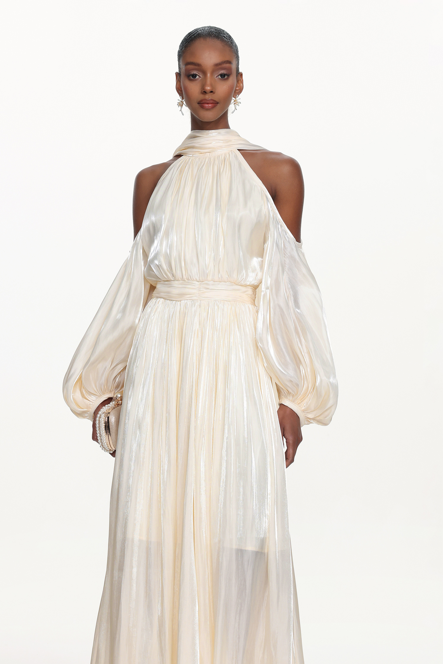 Teagan Elegant Flowy Off Shoulder Puff Sleeve Pleated Maxi Dress