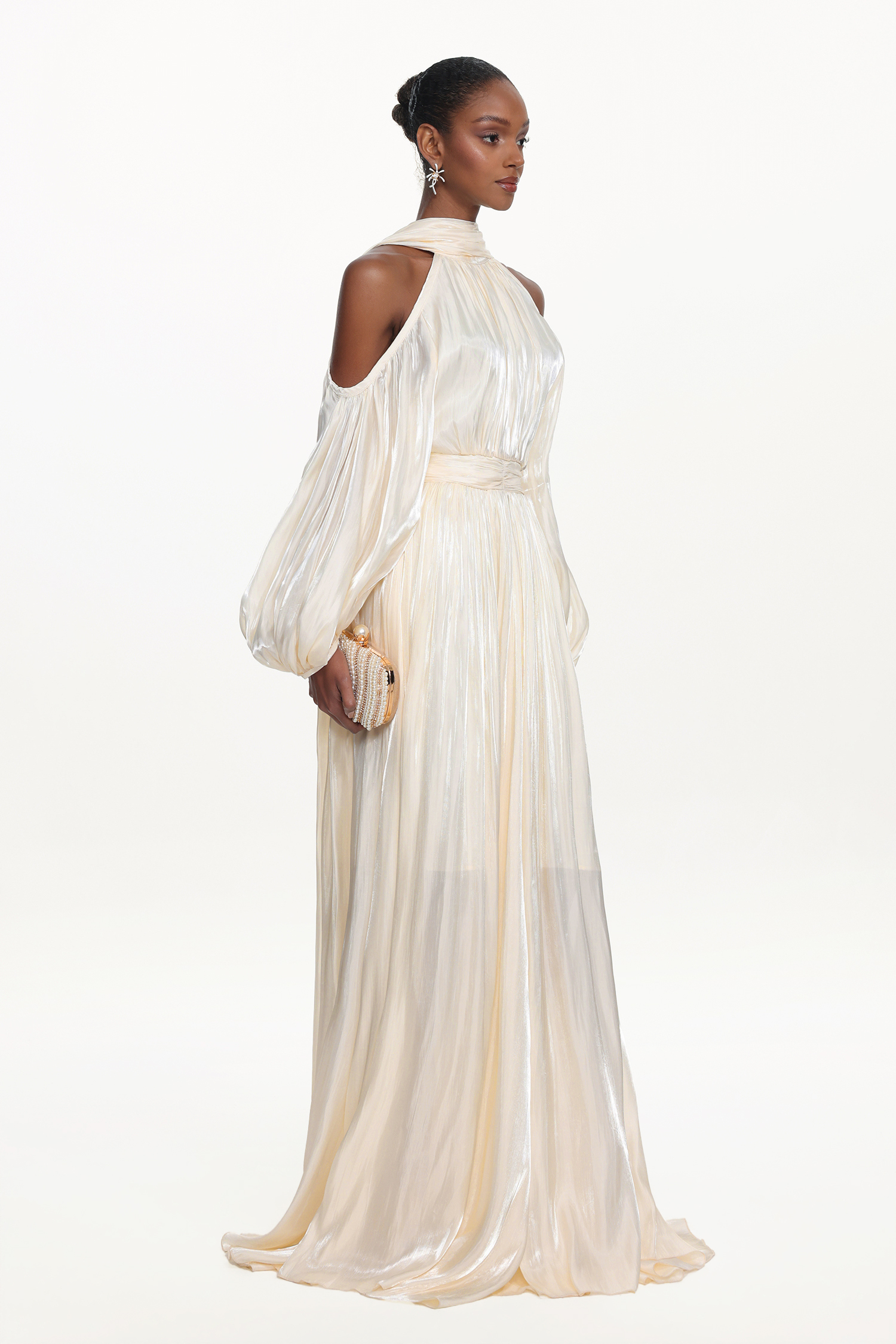 Teagan Elegant Flowy Off Shoulder Puff Sleeve Pleated Maxi Dress