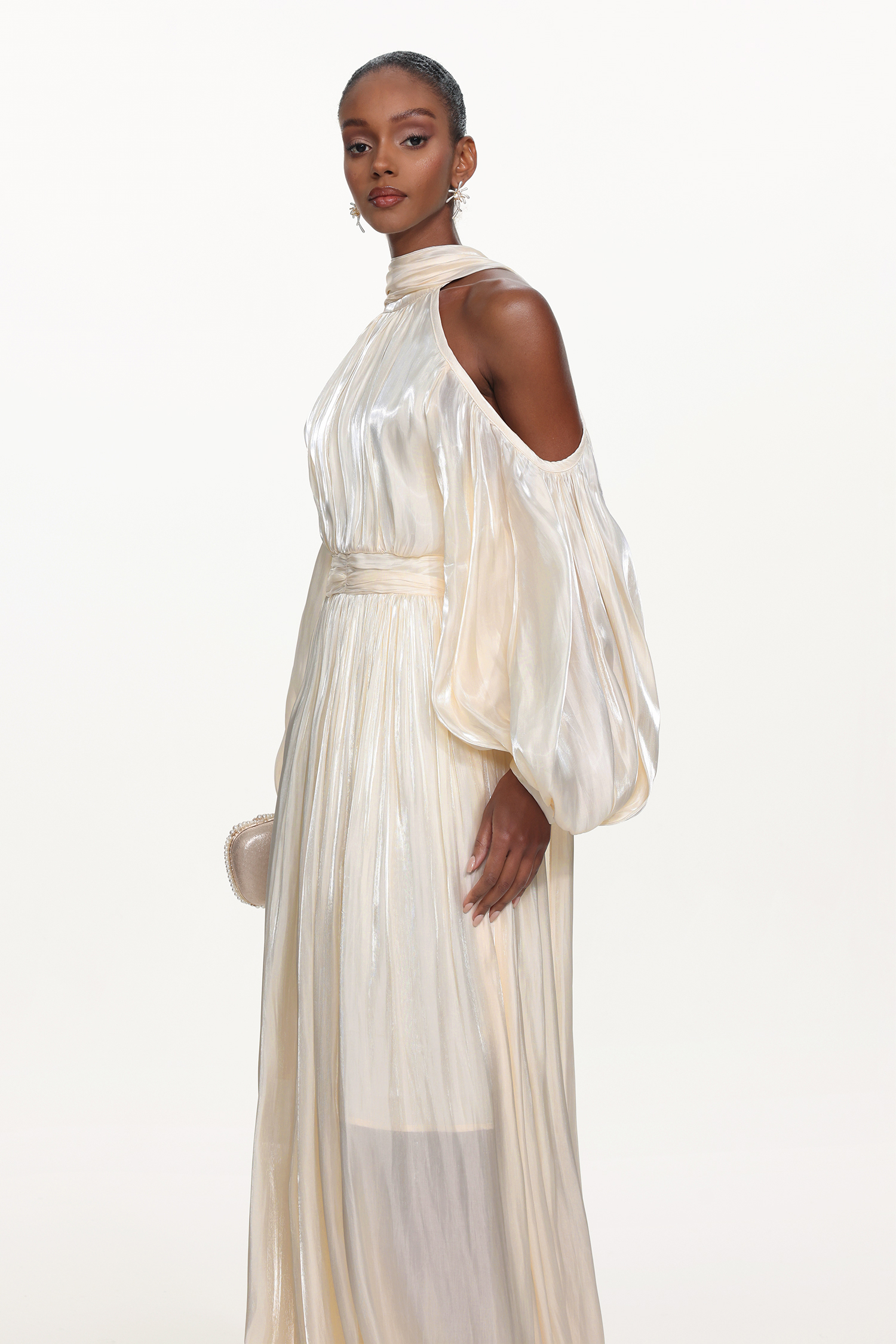 Teagan Elegant Flowy Off Shoulder Puff Sleeve Pleated Maxi Dress