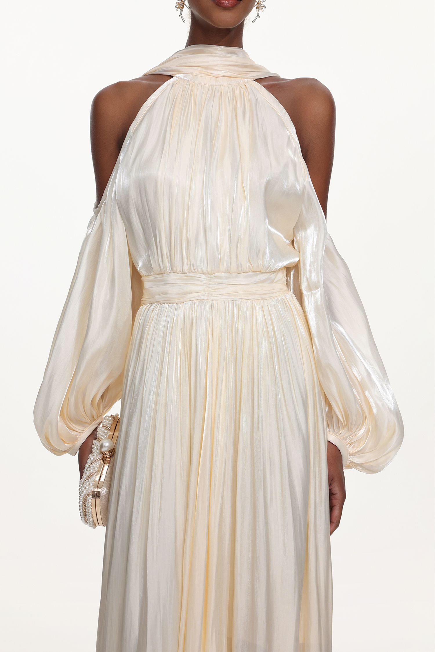 Teagan Elegant Flowy Off Shoulder Puff Sleeve Pleated Maxi Dress