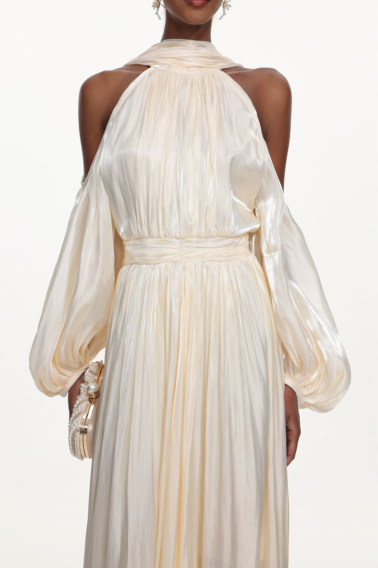 Teagan Elegant Flowy Off Shoulder Puff Sleeve Pleated Maxi Dress