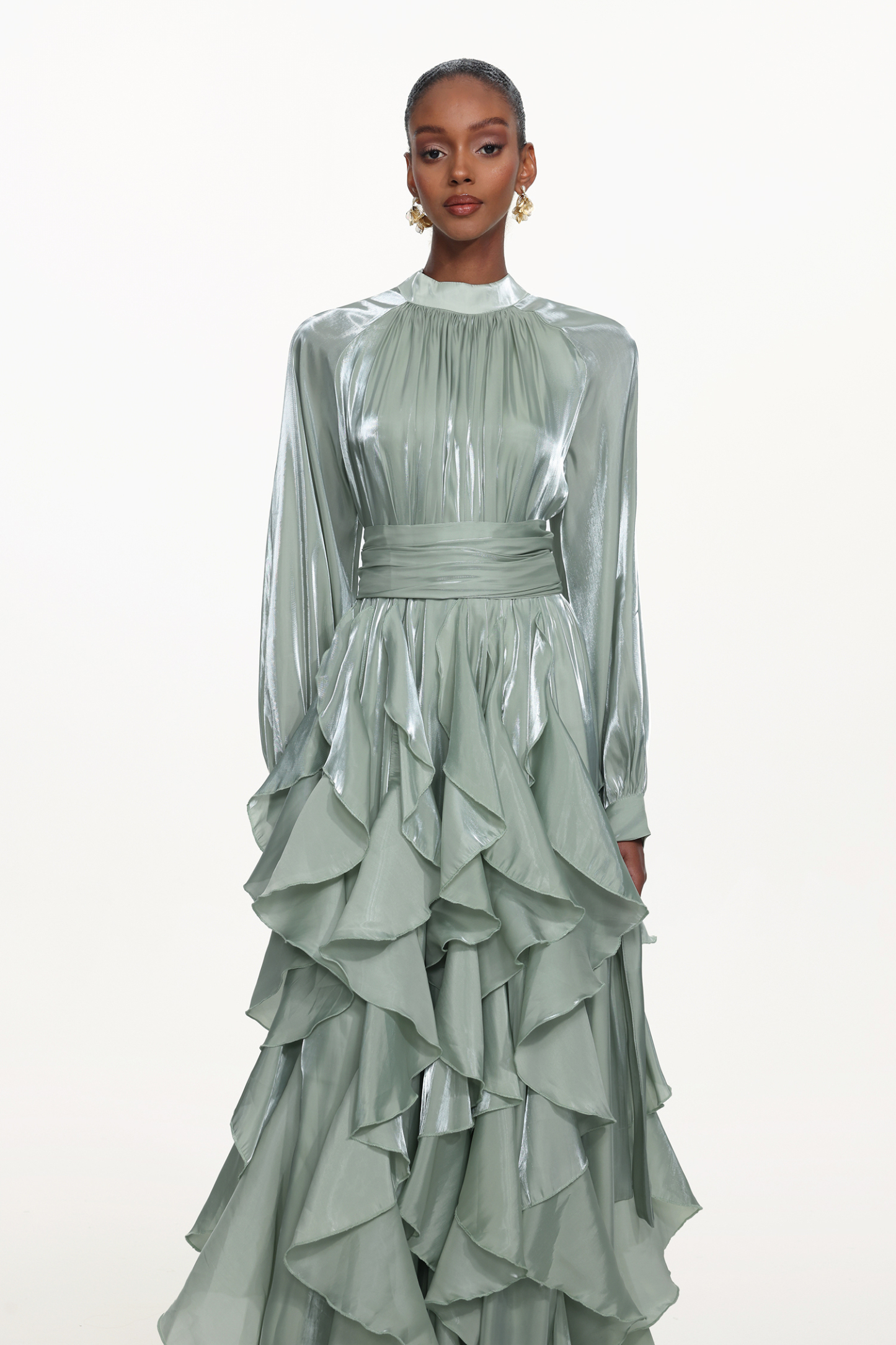 Grasa Elegant Flowy Long Sleeve Pleated Ruffle Maxi Dress