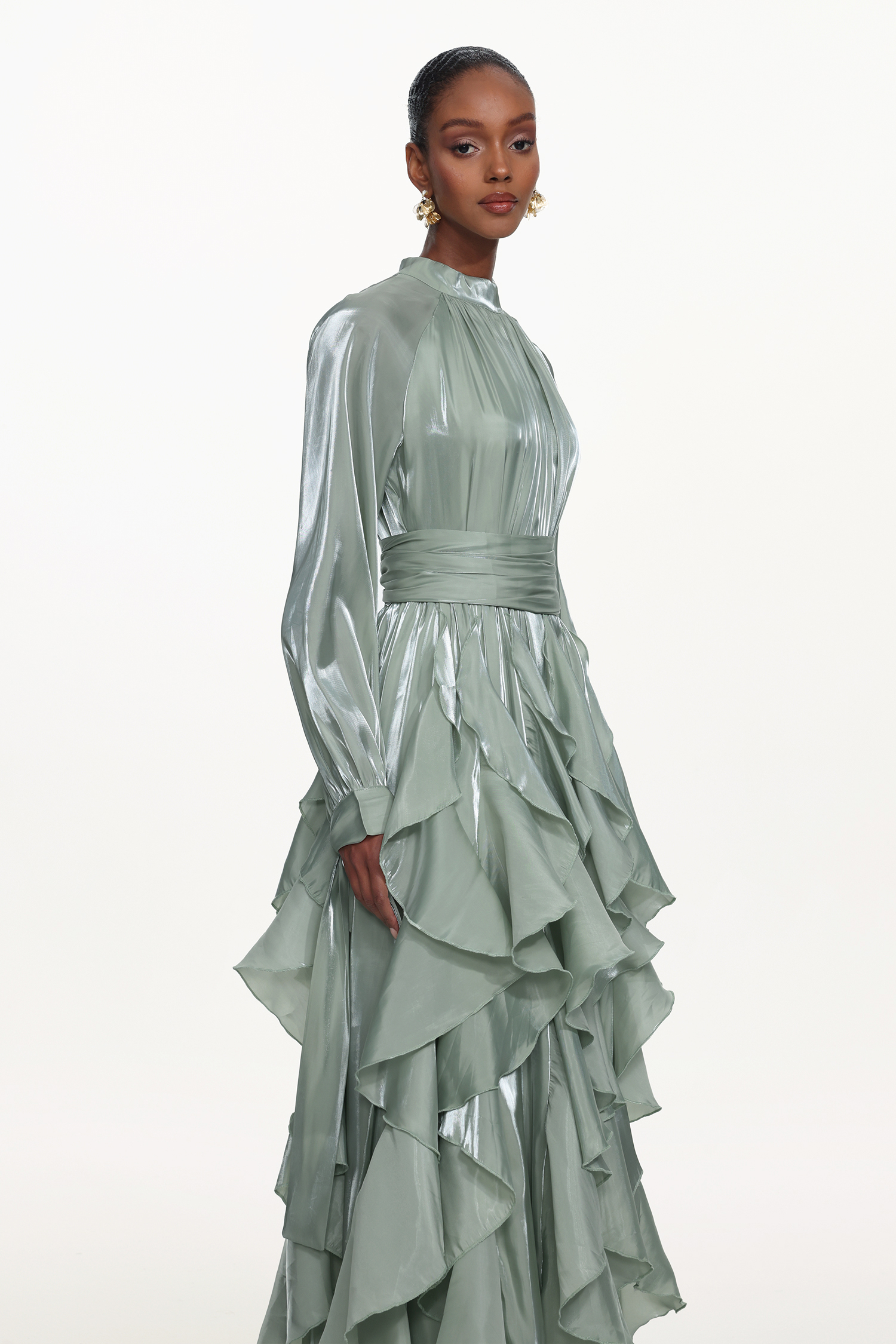 Grasa Elegant Flowy Long Sleeve Pleated Ruffle Maxi Dress