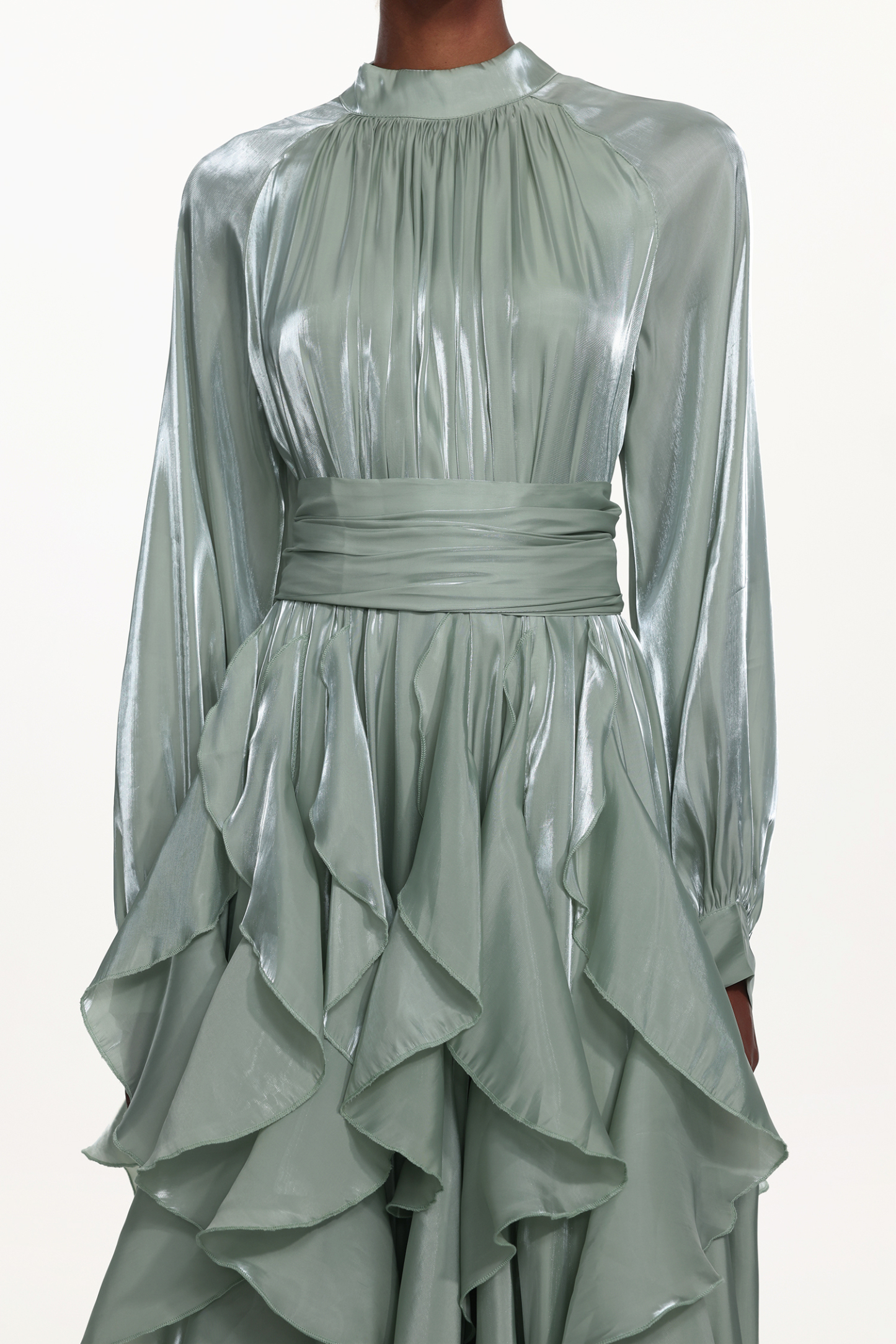 Grasa Elegant Flowy Long Sleeve Pleated Ruffle Maxi Dress