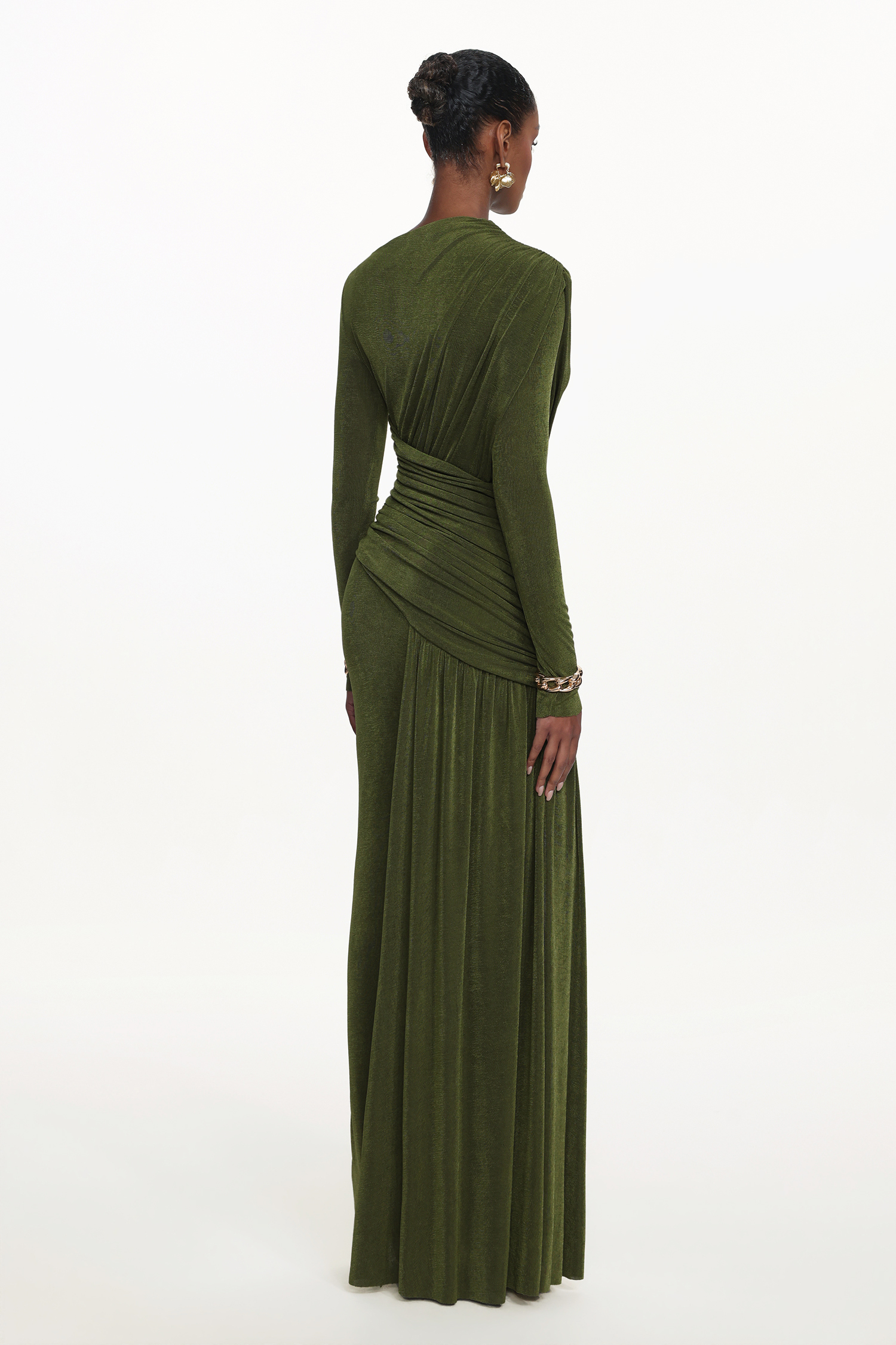 とも Tryphosa Elegant Contour Long Sleeve Ruched Knit Maxi Dress