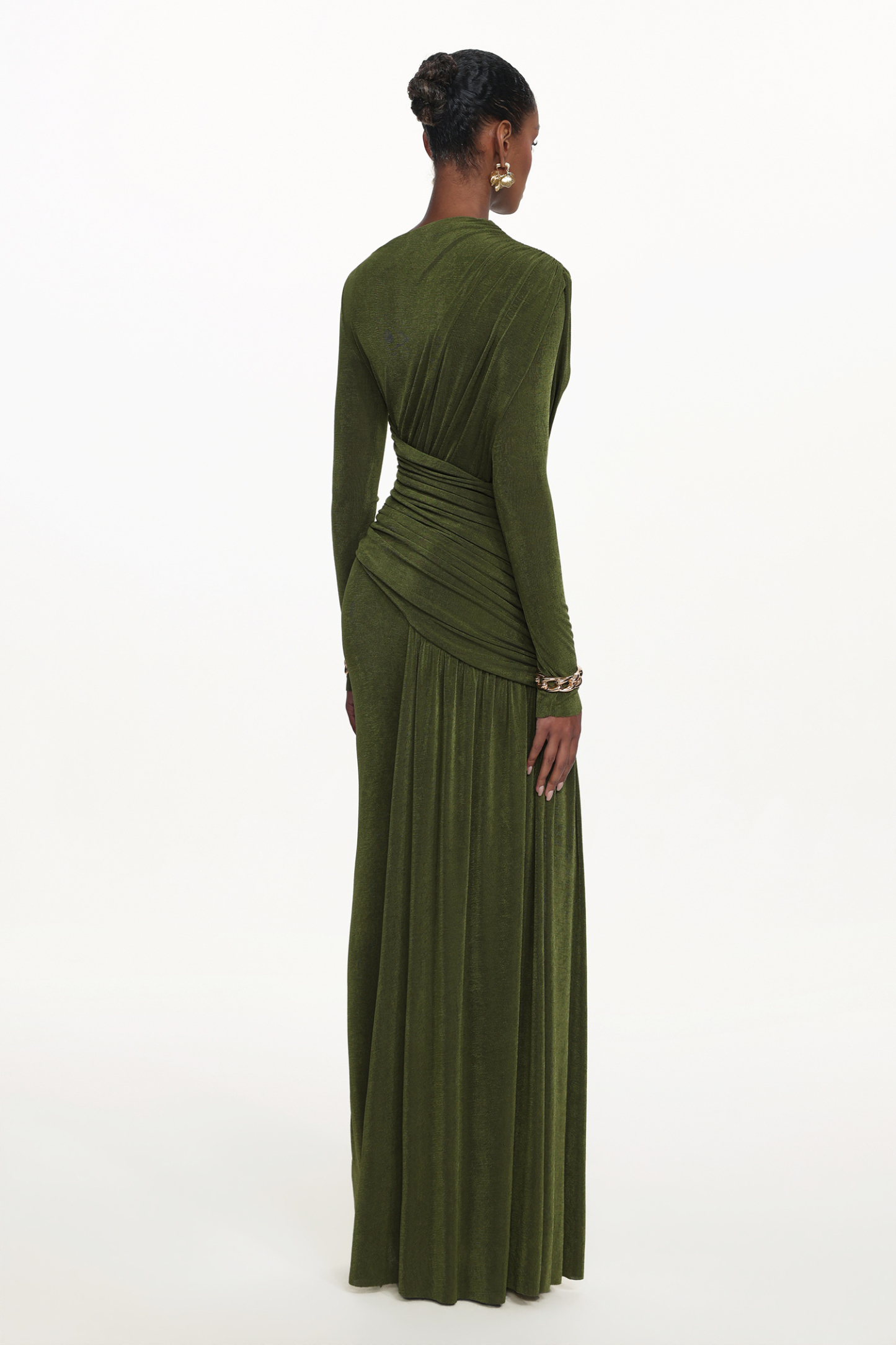 Tryphosa Elegant Contour Long Sleeve Ruched Knit Maxi Dress