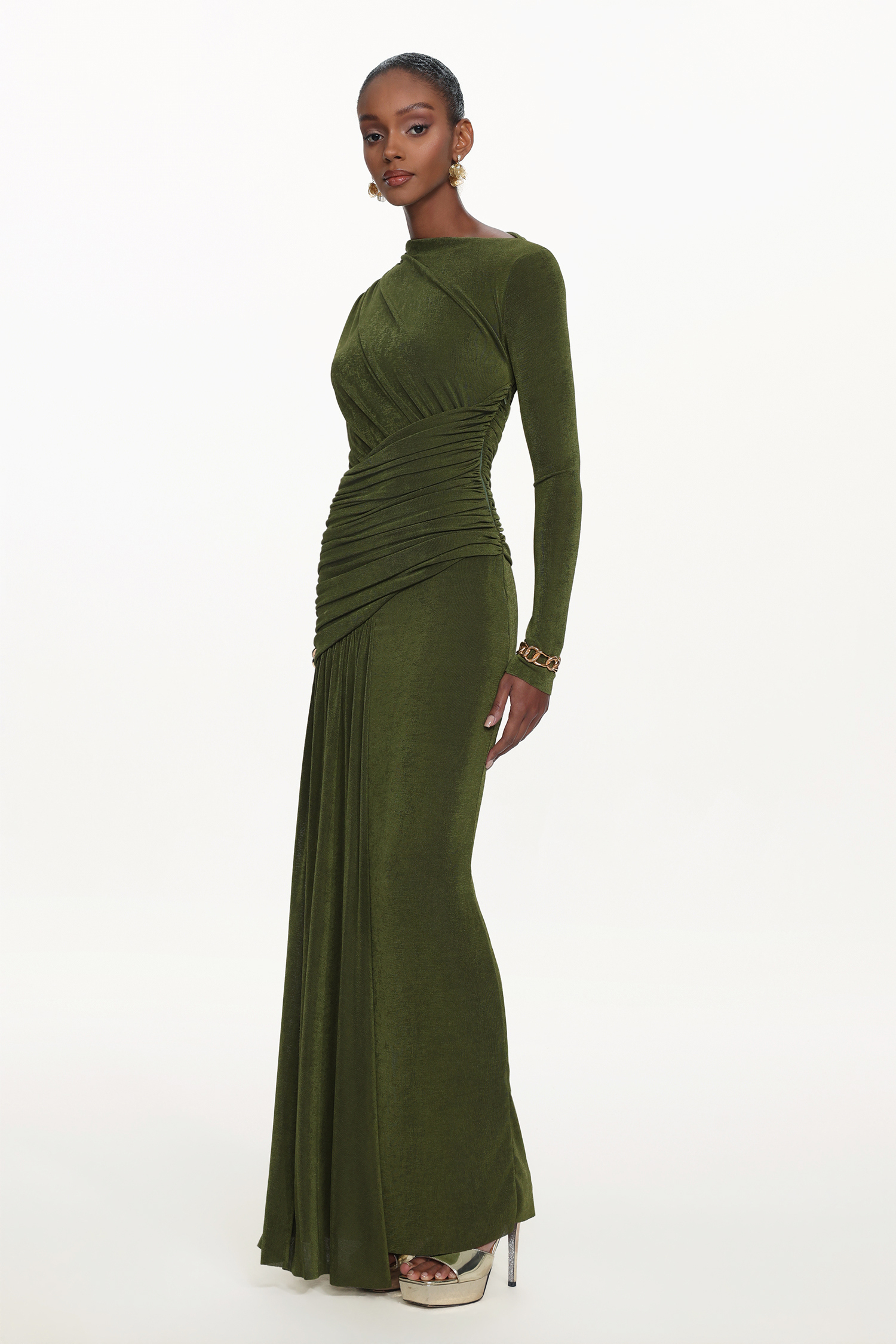Tryphosa Elegant Contour Long Sleeve Ruched Knit Maxi Dress