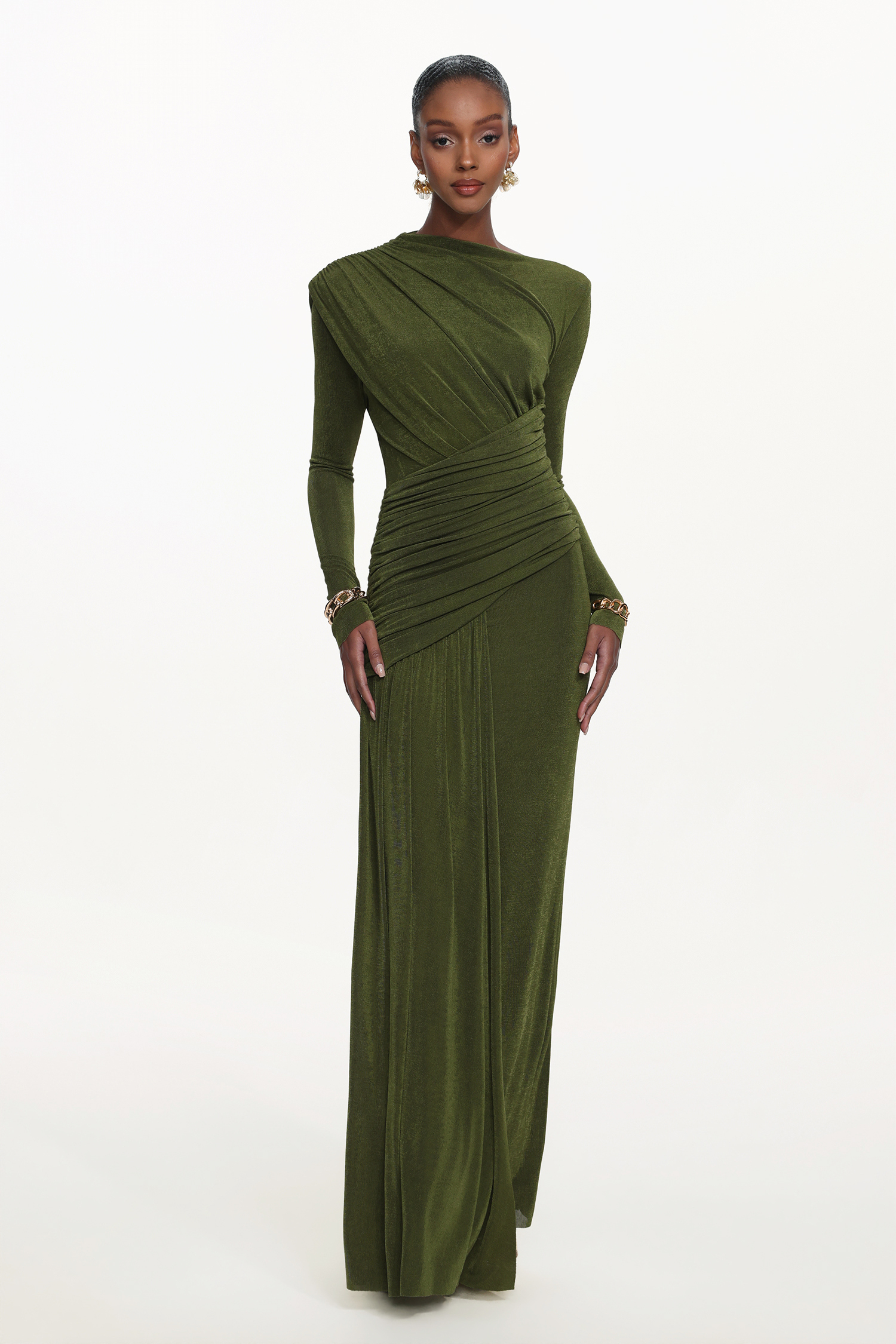 Tryphosa Elegant Contour Long Sleeve Ruched Knit Maxi Dress