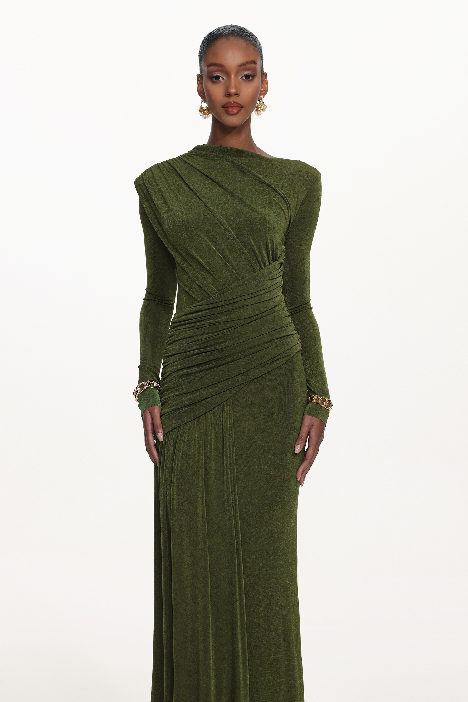 Tryphosa Elegant Contour Long Sleeve Ruched Knit Maxi Dress