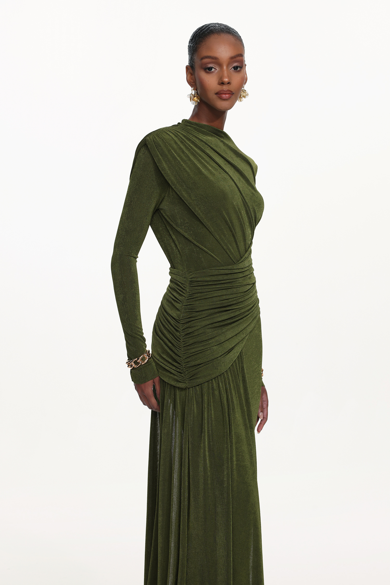 Tryphosa Elegant Contour Long Sleeve Ruched Knit Maxi Dress