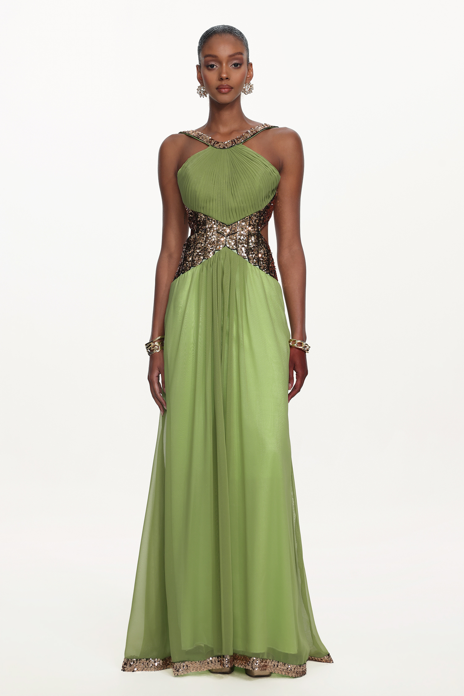 Melisa Chic Flowy Halter Pleated Cut Out Sequin Maxi Dress