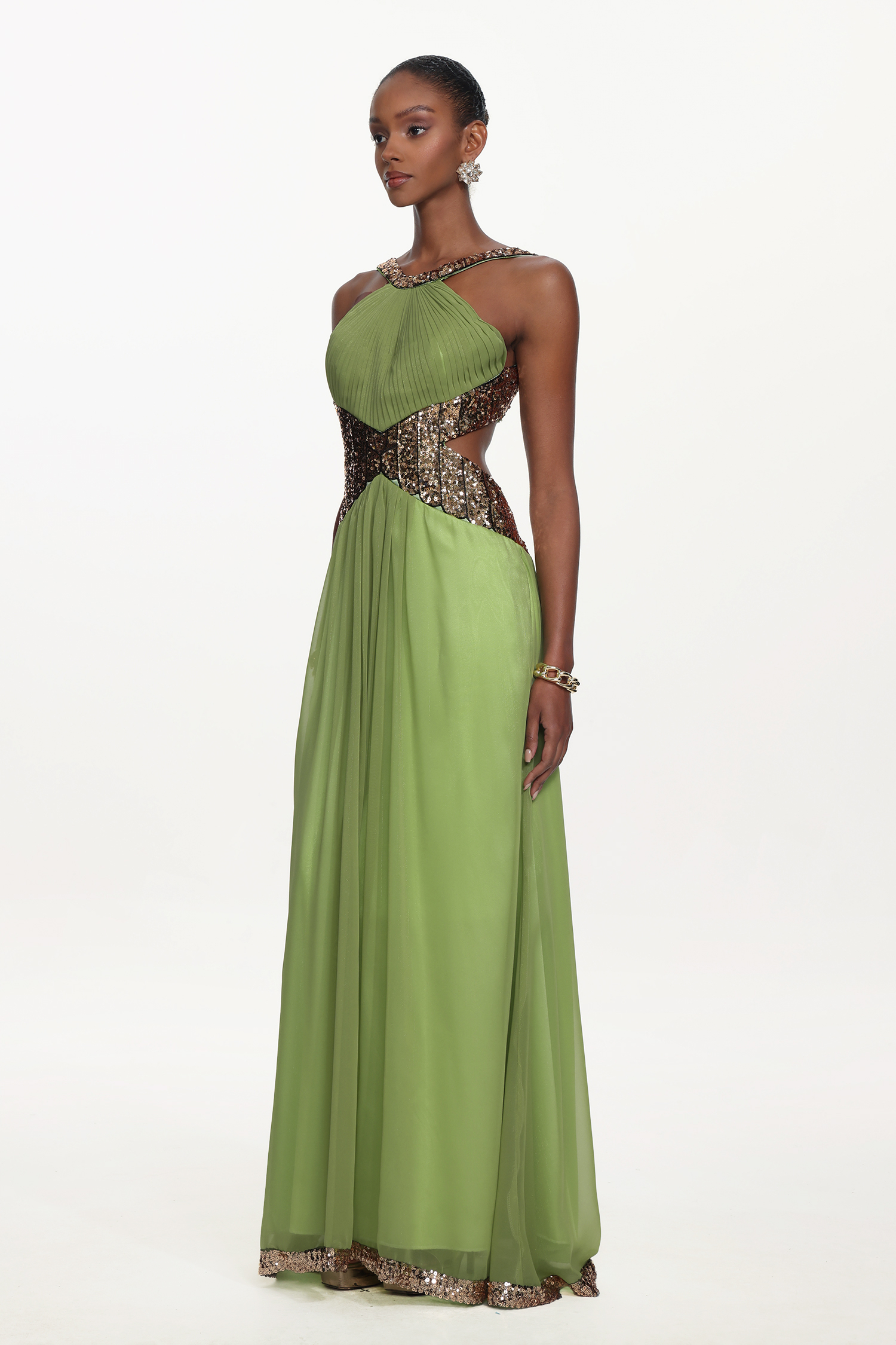 Melisa Chic Flowy Halter Pleated Cut Out Sequin Maxi Dress