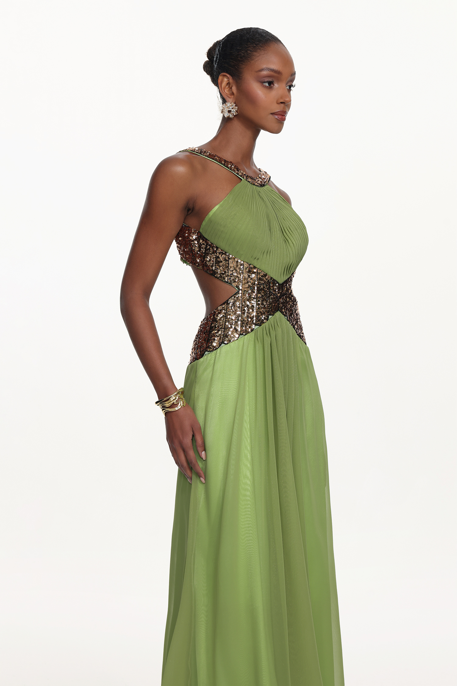 Melisa Chic Flowy Halter Pleated Cut Out Sequin Maxi Dress