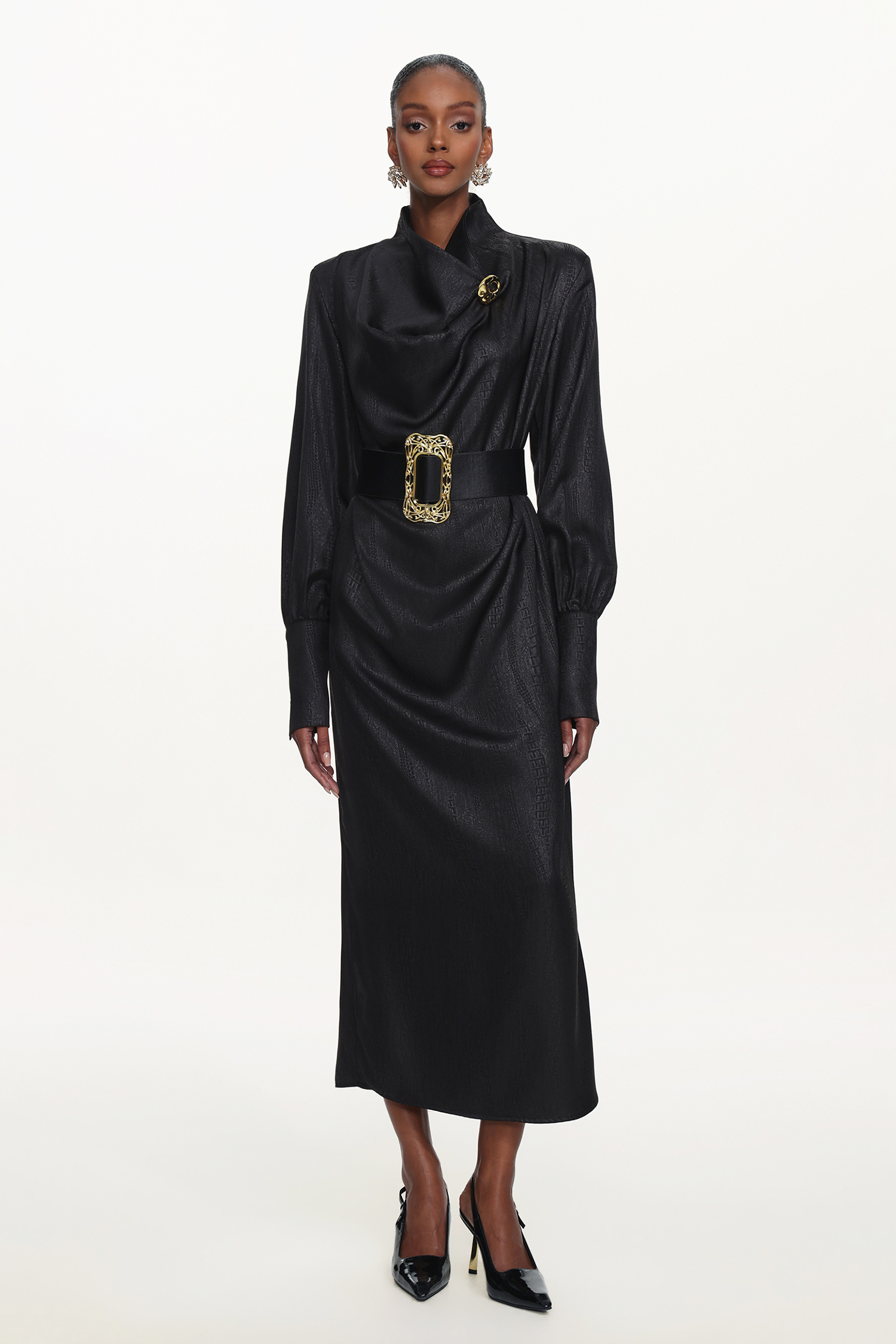 Indi Chic Contour Cowl Neck Long Sleeve Belted Maxi Dress