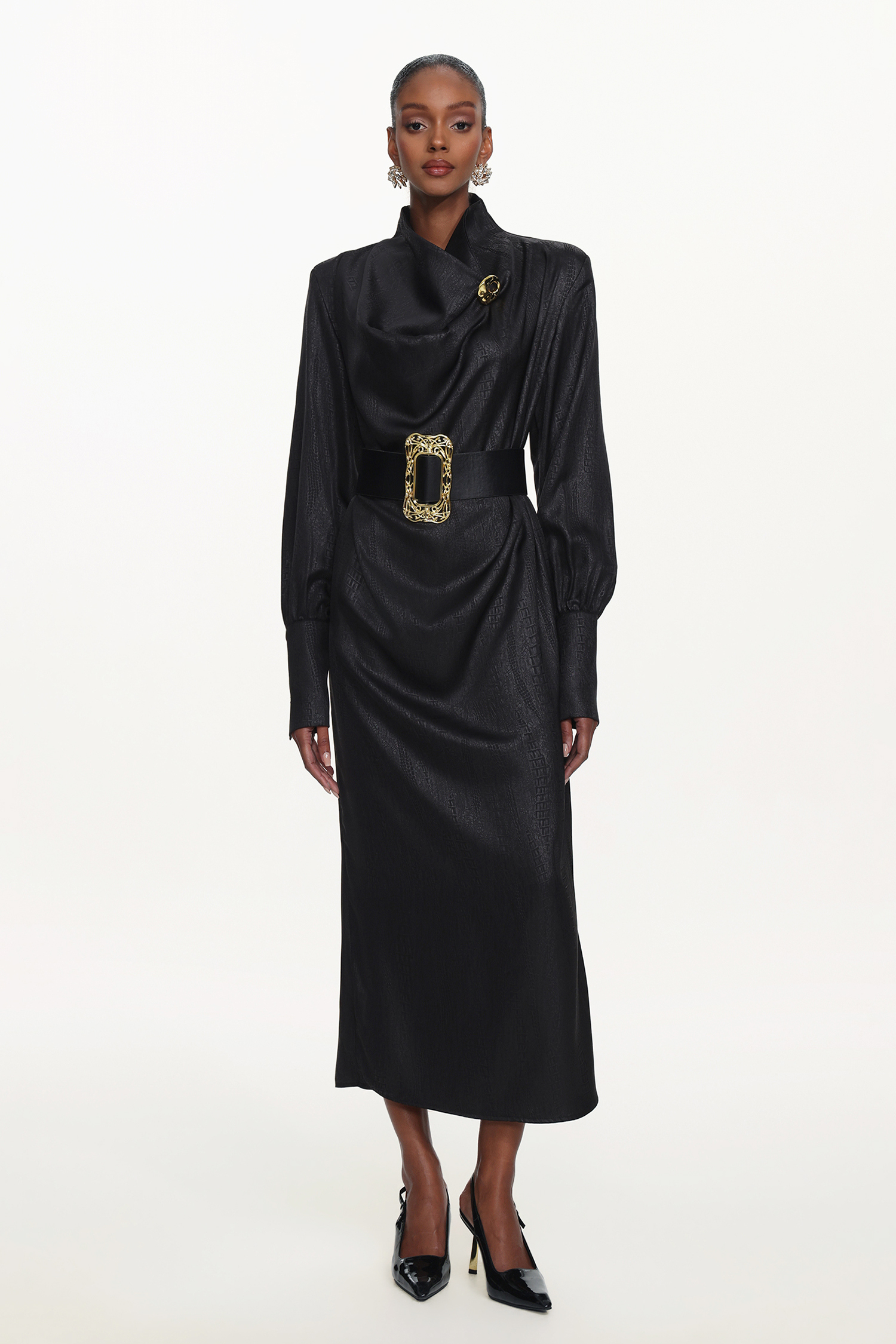 Indi Chic Contour Cowl Neck Long Sleeve Belted Maxi Dress