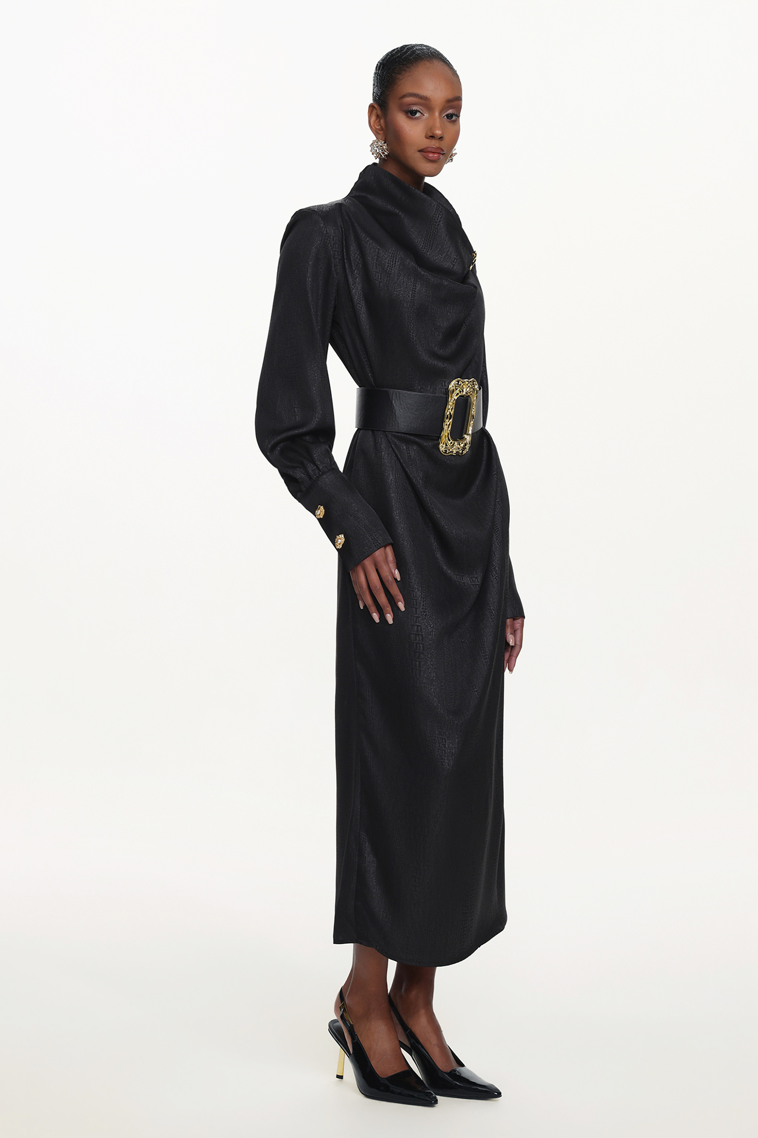 Indi Chic Contour Cowl Neck Long Sleeve Belted Maxi Dress