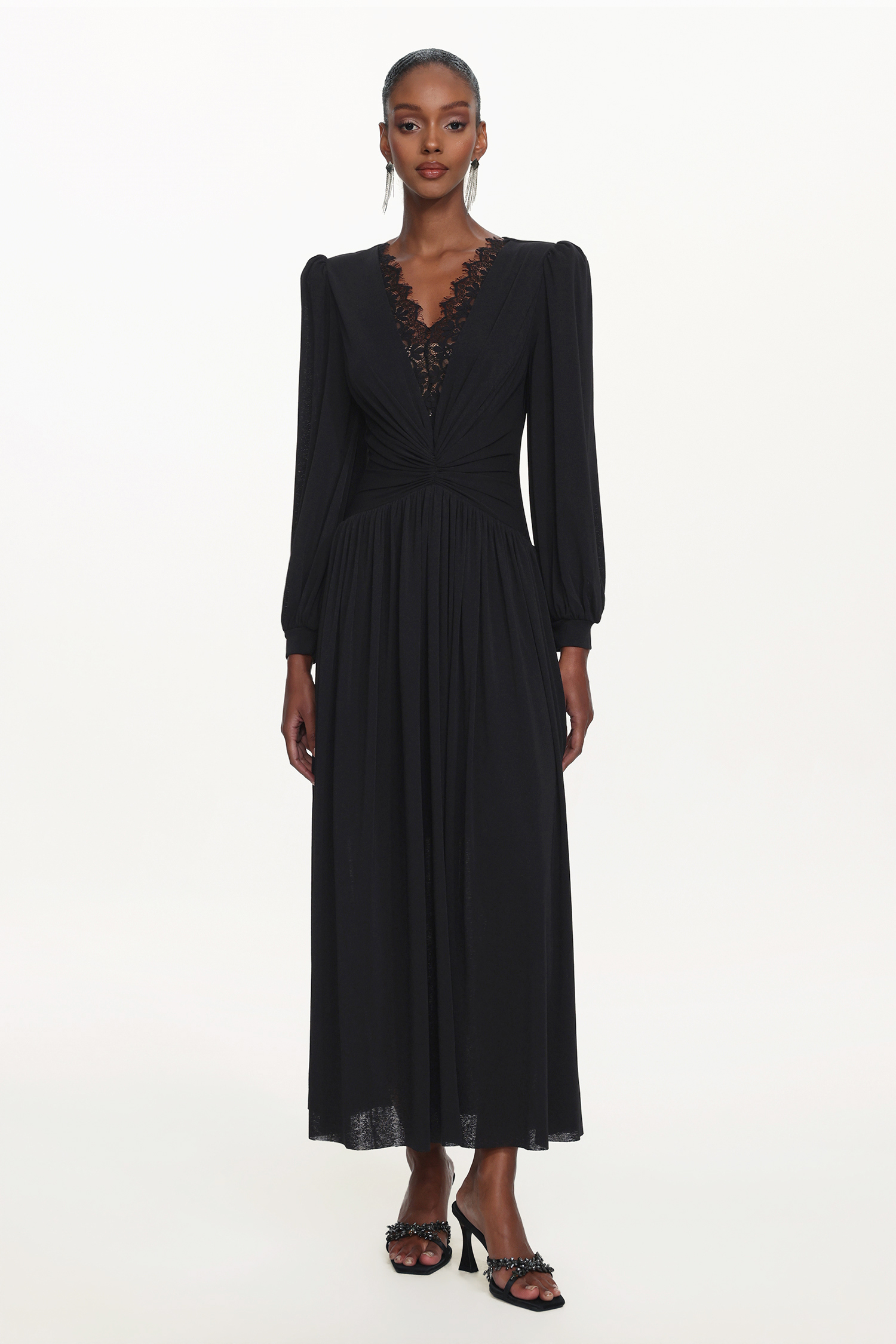 Liaco Elegant Contour V Neck Long Sleeve Ruched Lace Knit Black Maxi Dress