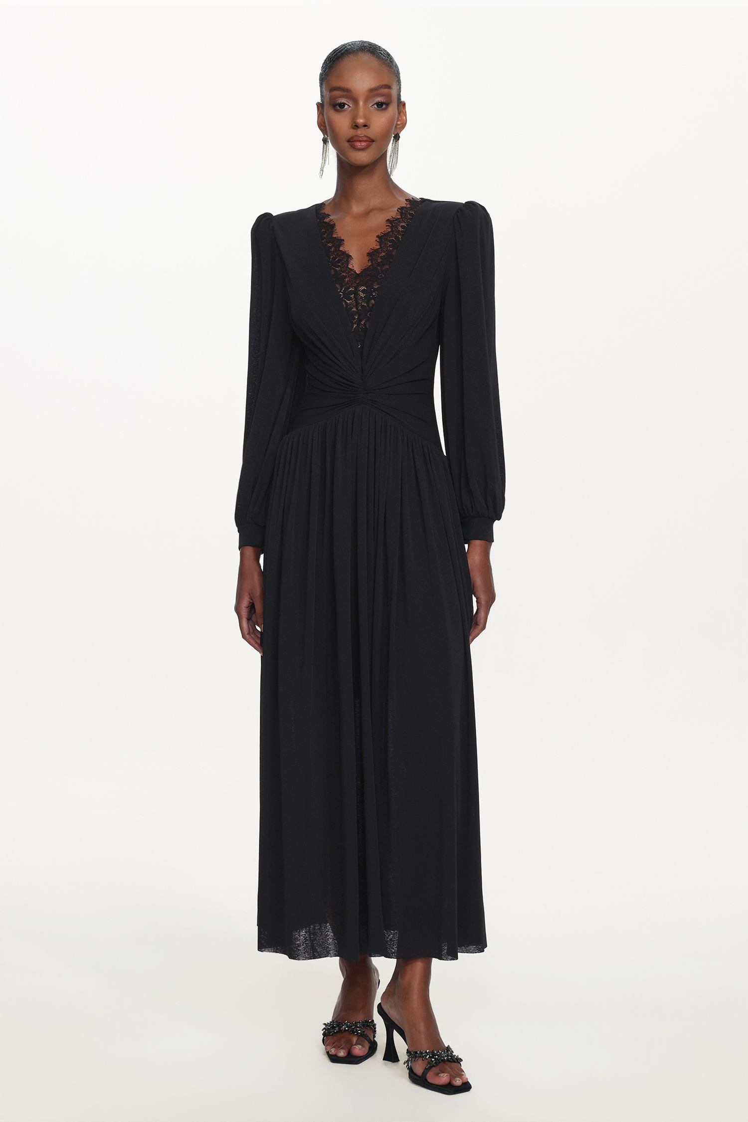 Liaco Elegant Contour V Neck Long Sleeve Ruched Lace Knit Black Maxi Dress